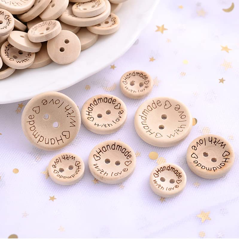 100Pcs Natural Wooden Button Craft Sewing DIY Handmade with Love Wooden Buttons (20Mm)