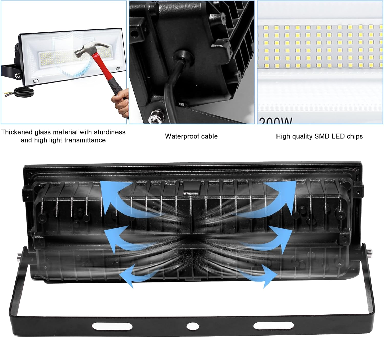 LED Flood Light Outdoor 200W, 2 Pack 20000LM IP66 Waterproof LED Work Light 6500K Cool White Floodlight Spotlights, Outdoor Security Light for Warehouse Garden Garage Yard image number 4