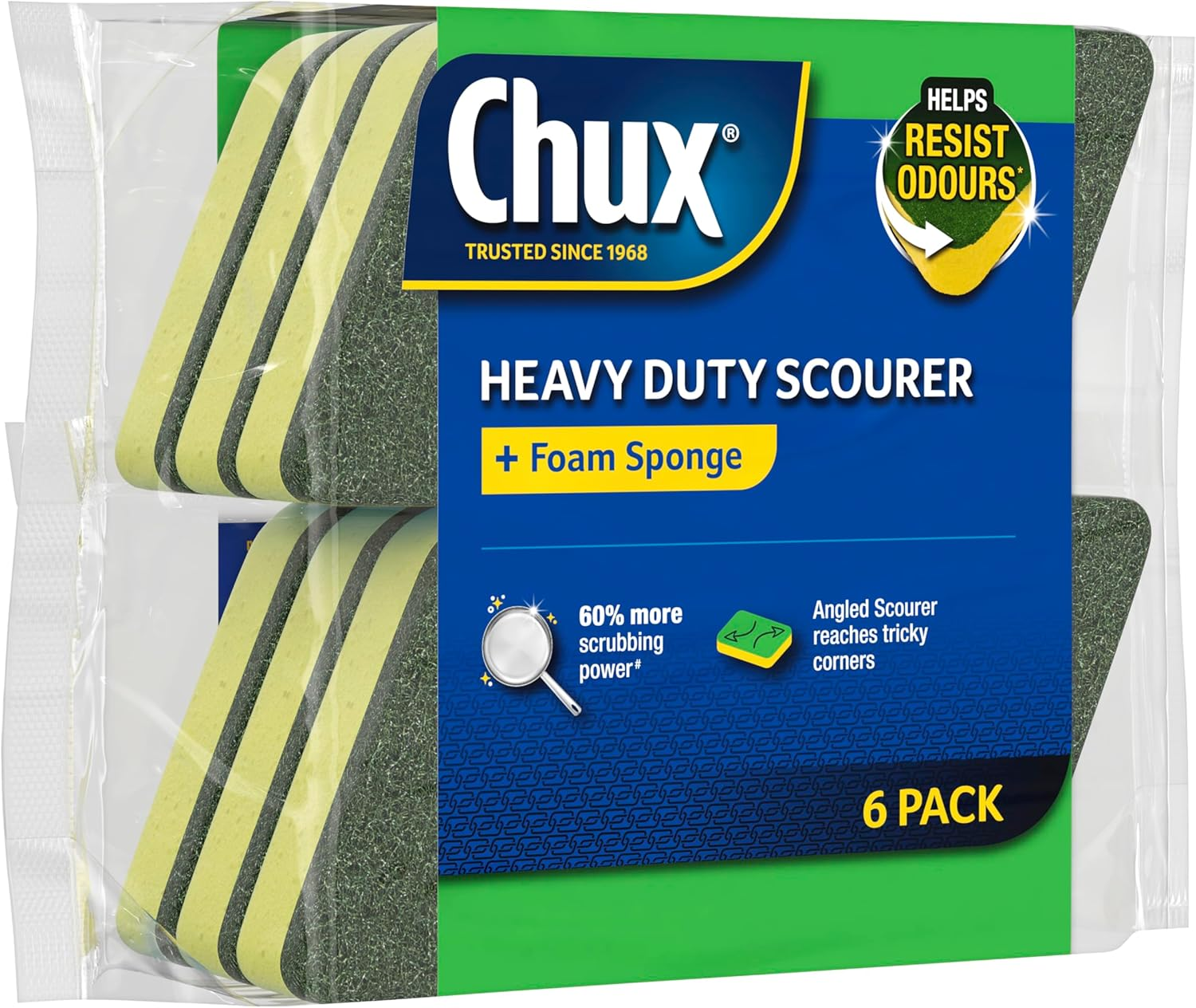 Chux Heavy Duty Scourer + Foam Sponge, Rinses Easily and Resists Odours, 6 Count