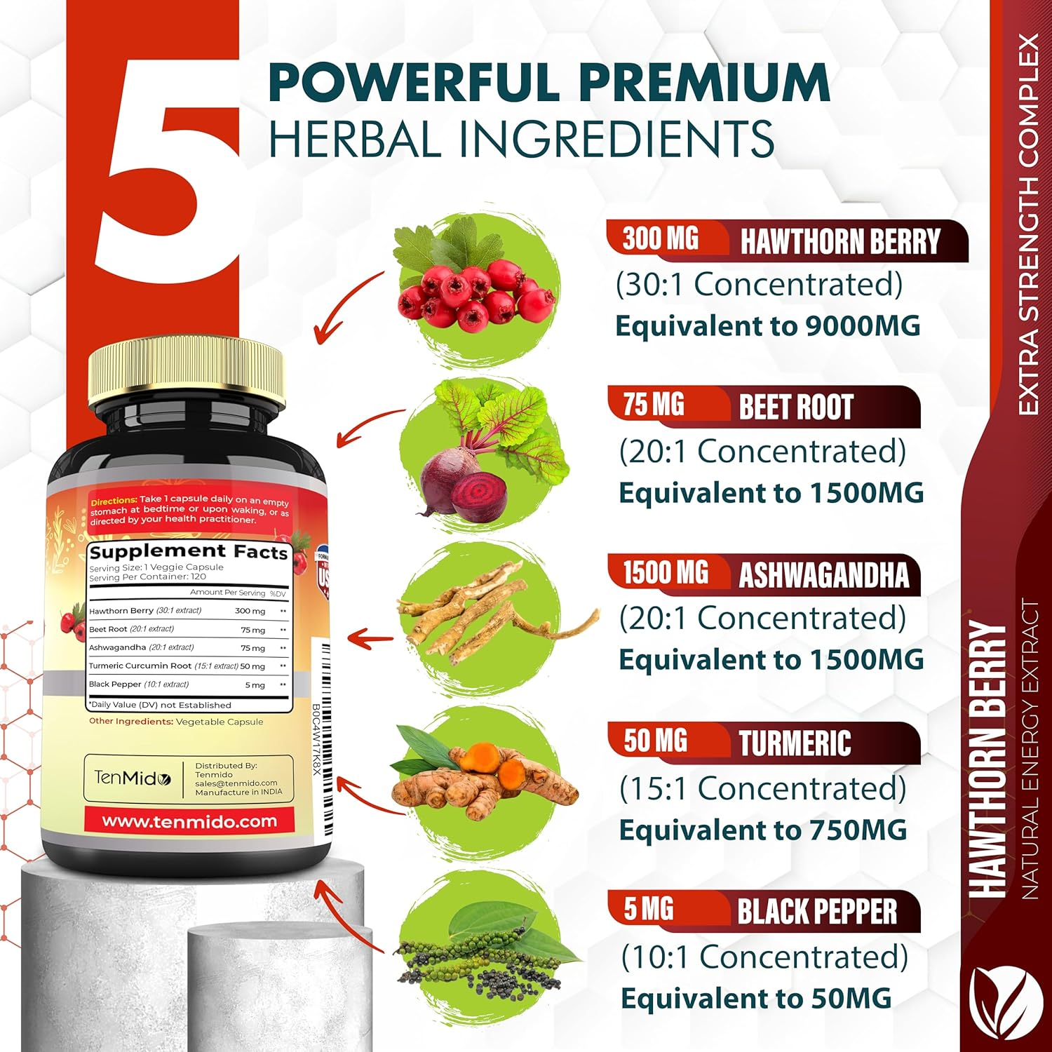 Hawthorn Berry Supplement Extract Capsules 12800Mg - 120 Vegan Capsules for 4 Months - Combined Beet Root, Ashwagandha, Turmeric Curcumin & Black Pepper - Supports Heart Health & Energy Production