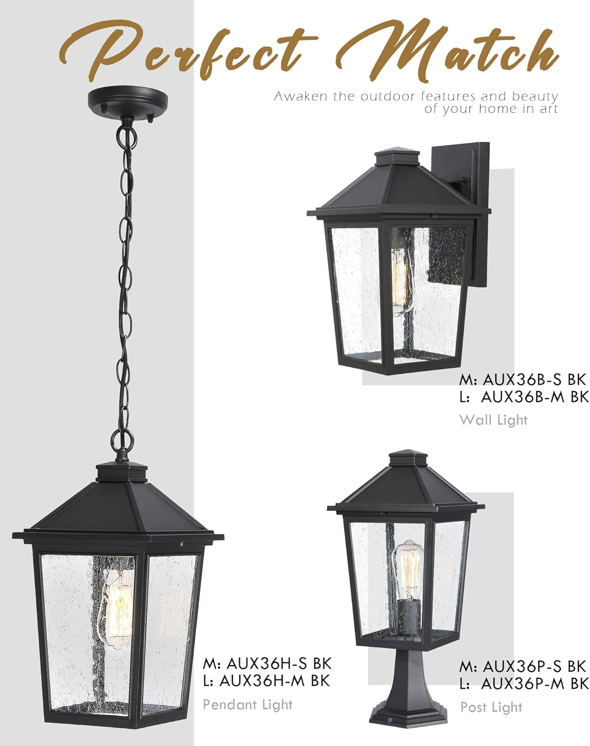 EMLIVIAR Outdoor Wall Sconce, 11" Exterior Wall Lantern Porch Light with Seeded Glass Shade, Waterproof for Doorway, Hallway, Garage, Matte Black Finish，Aux36B-S BK image number 2