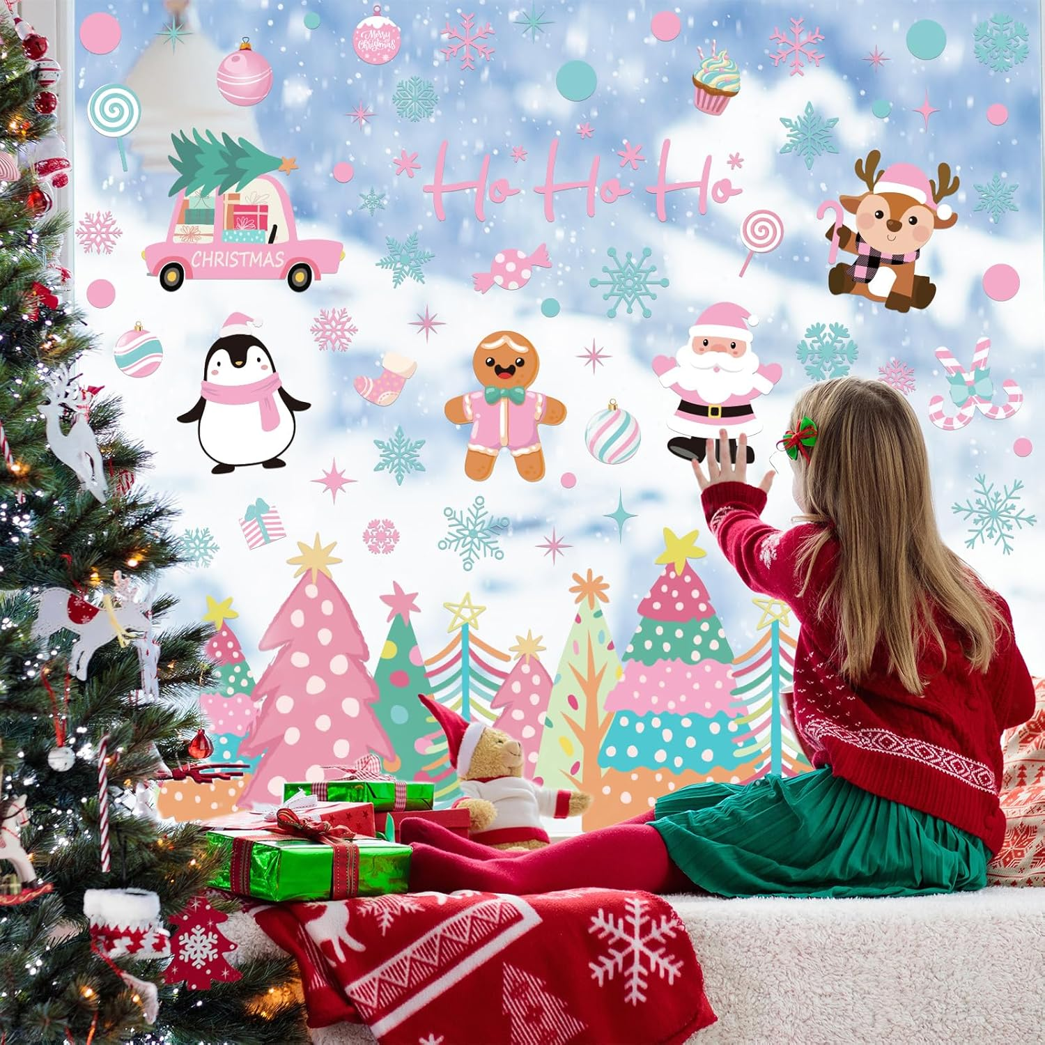 Whaline 6 Sheet Pink Christmas Window Clings Pink-Green Xmas Tree Snowflake Santa Reindeer Reusable Window Decals for Winter Holiday Home Glass Party Decor image number 5