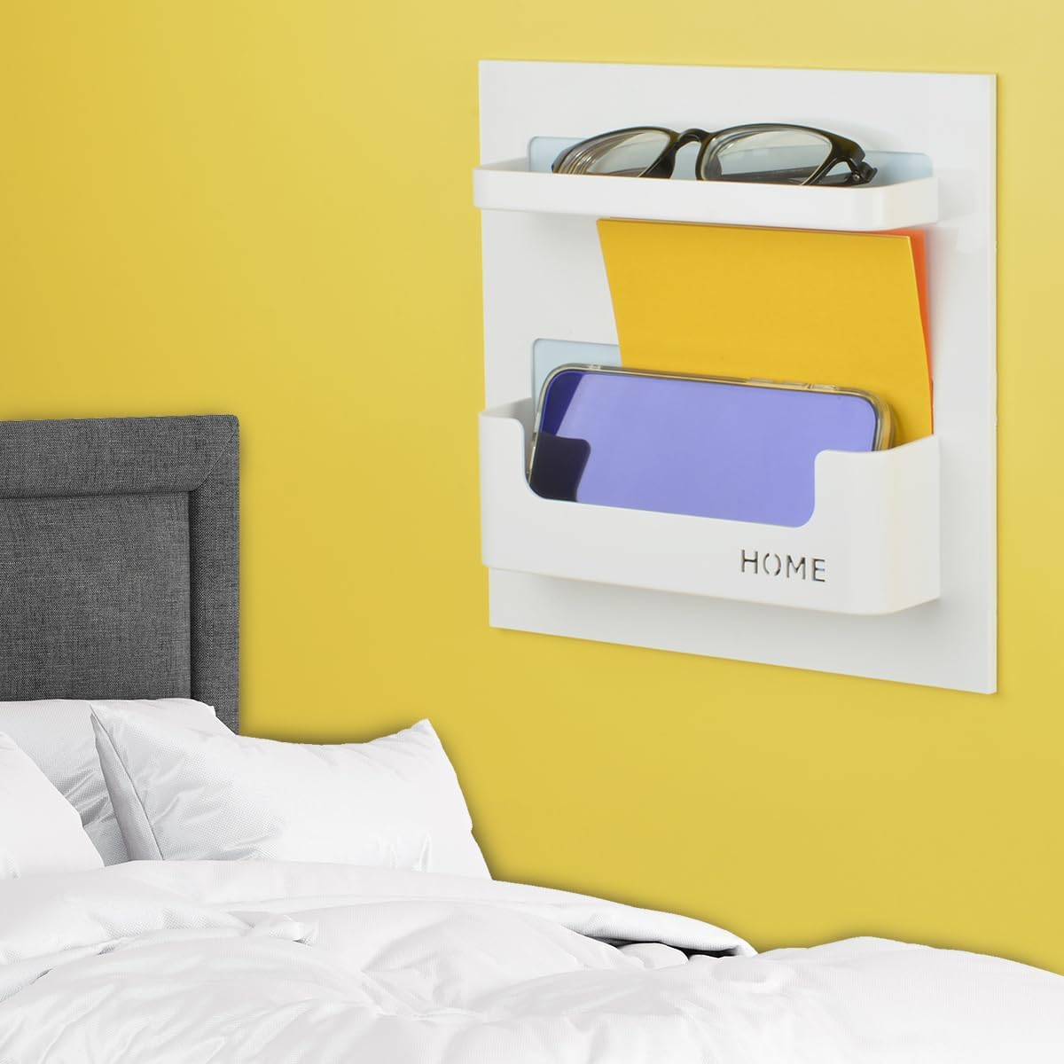 OKOMATCH Bedside Shelf - Stick on Wall Mounted Bed Room,Dorm,Office Adhesive Floating Accessories Caddy Organizer/Holder for Phone,Glasses,Remote Control,Keys,Pens - Plastic Material- White