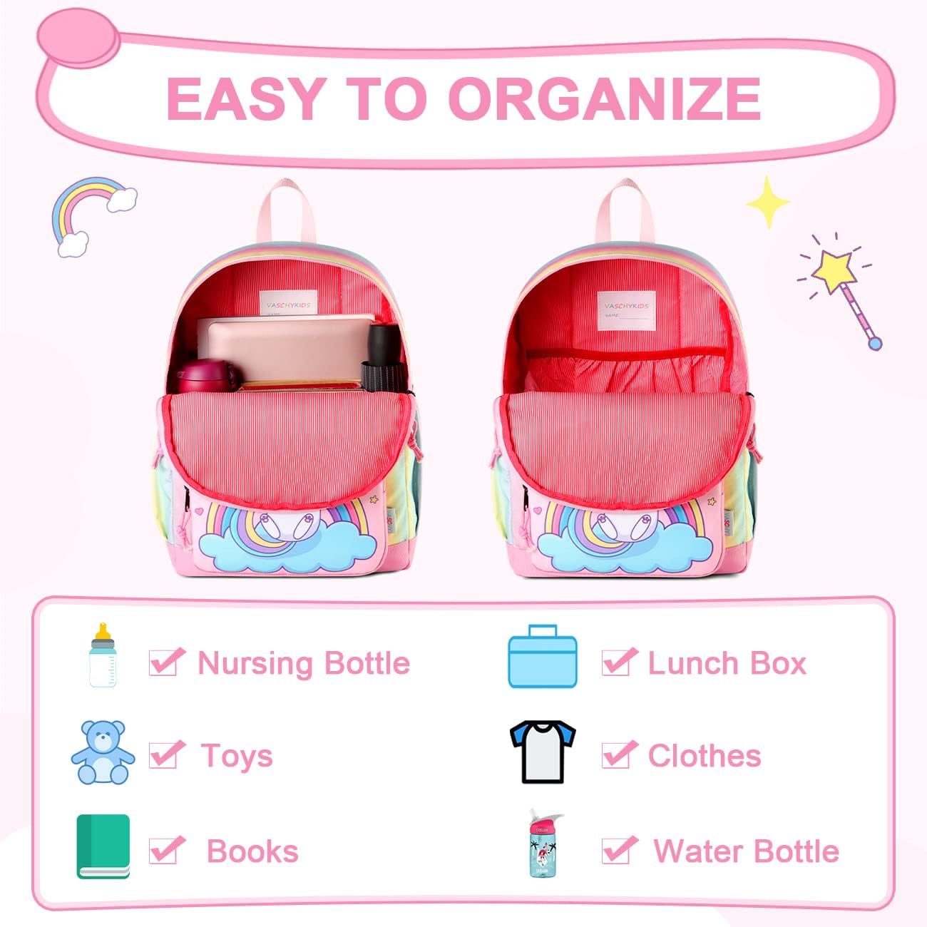 Backpack for Little Girls, VASCHY Cute Rainbow Lightweight Water Resistant Toddler Preschool Kindergarten Backpacks for Kids with Chest Strap - Mermaid Unicorn image number 5