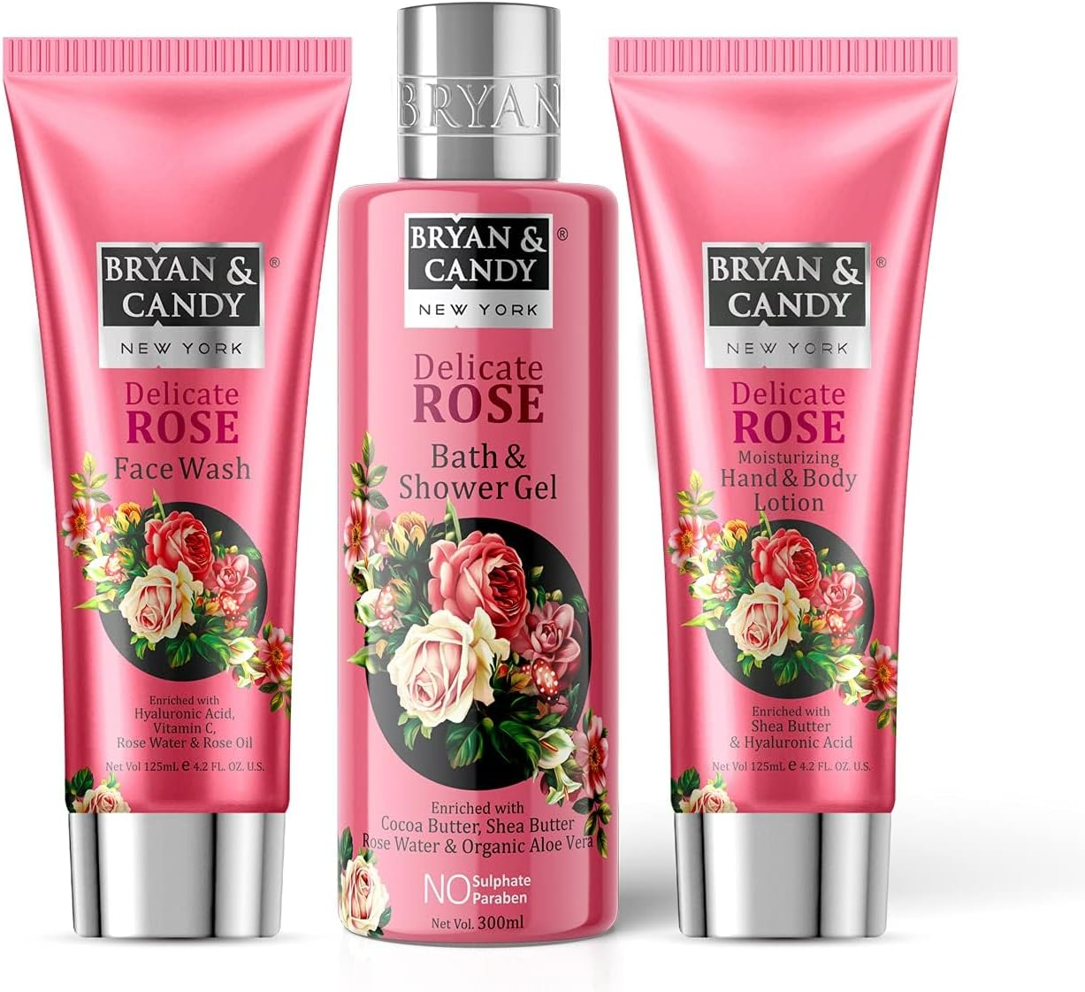 Bryan & Candy Delicate Rose Gift Set for Women (Face Wash, Bath and Shower Gel, Hand and Body Lotion), Enriched with Rose Water, Rose Oil, Aloe Vera (Pack of 3)