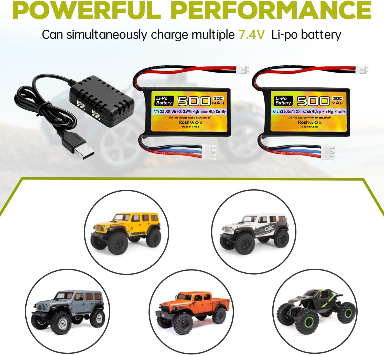 2PCS 7.4V 500Mah 30C Lipo RC Vehicle Battery with PH2.0 Plug and 2In1 Charger for AX24 SCX24 RC Vehicle Model Battery Compatible with Most 1/10, 1/16, 1/18, 1/24 RC Vehicles and Trucks image number 5