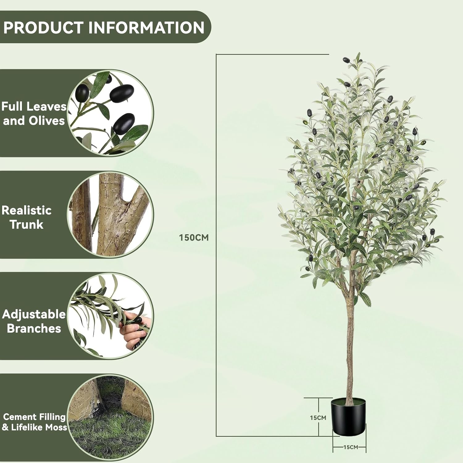 Shanghigh Artificial Olive Tree &ndash; 1.5M/5Ft Tall Faux, Decoration Olive Silk Plant with Fake Moss, Large Lifelike Faux Plant in Pot, Potted Olive Tree for Modern Home Office Indoor Outdoor Decor, Gift image number 5