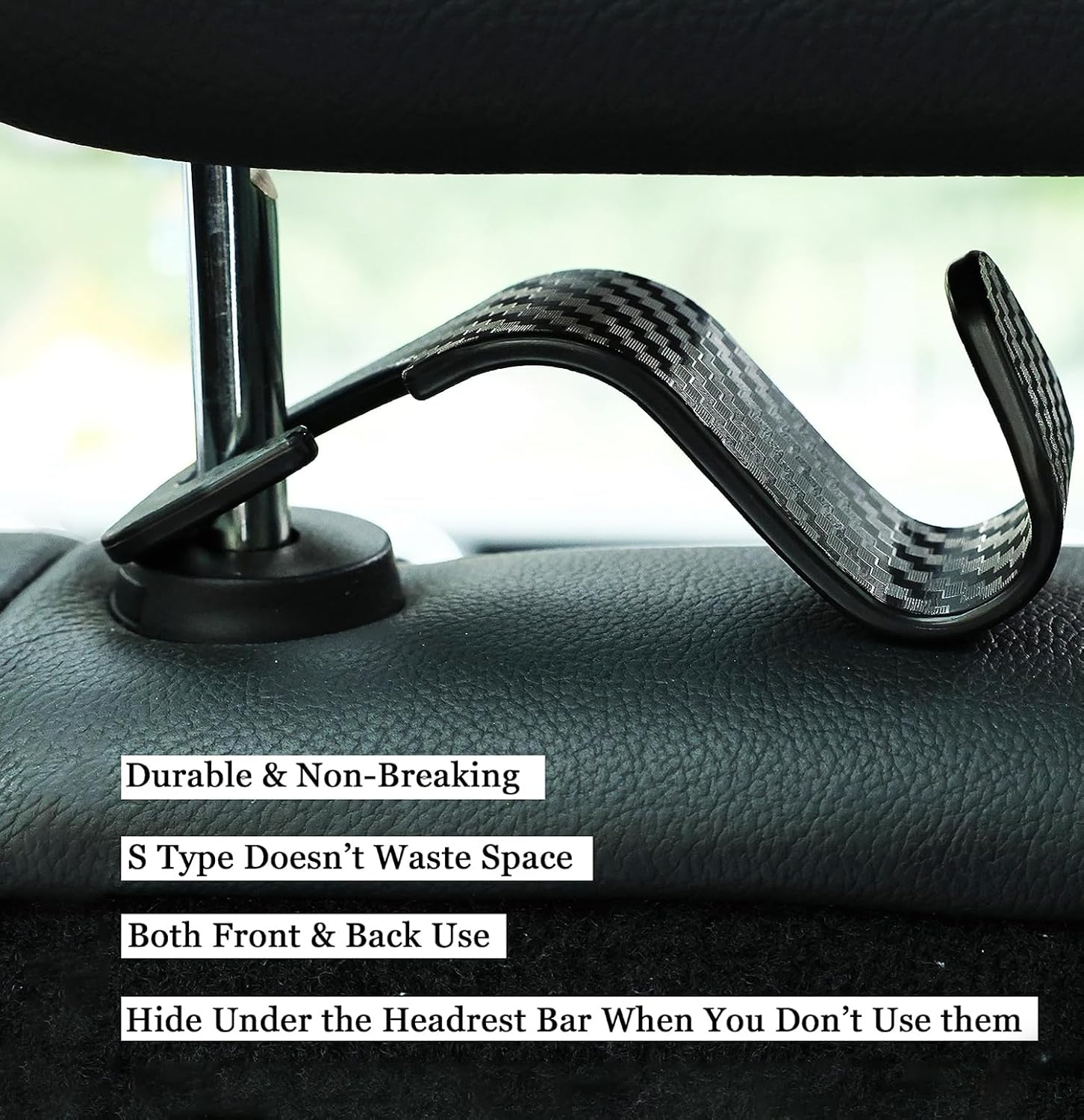 Heatunk 4-Pack Carbon Fiber Back Seat Headrest Hooks - Stylish Car Hangers for Handbags, Clothes, Grocery Bags - Sleek Black Design image number 6