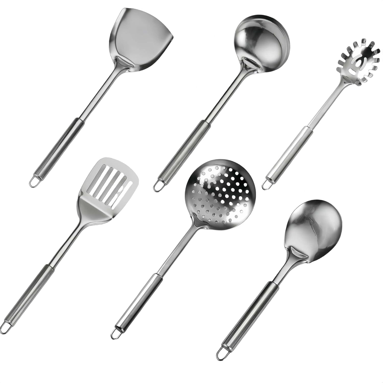 HOLADAWN Stainless Steel Kitchen Cooking Utensil Set - 6 Pcs Premium Serving Utensils with Spatula, Slotted Turner, Soup Ladle, Skimmer Spoon, Pasta Spoon, Serving Spoon image number 2