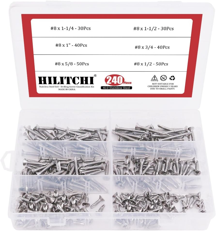 Hilitchi 410 Stainless Steel Flat Head Phillips Self Drilling Screws Sheet Metal Tek Screws Assortment Kit, Modified Truss Head Self Driller - Size: #8 X 1/2" ~ #8 X 1-1/2" (Pack of 240) image number 3