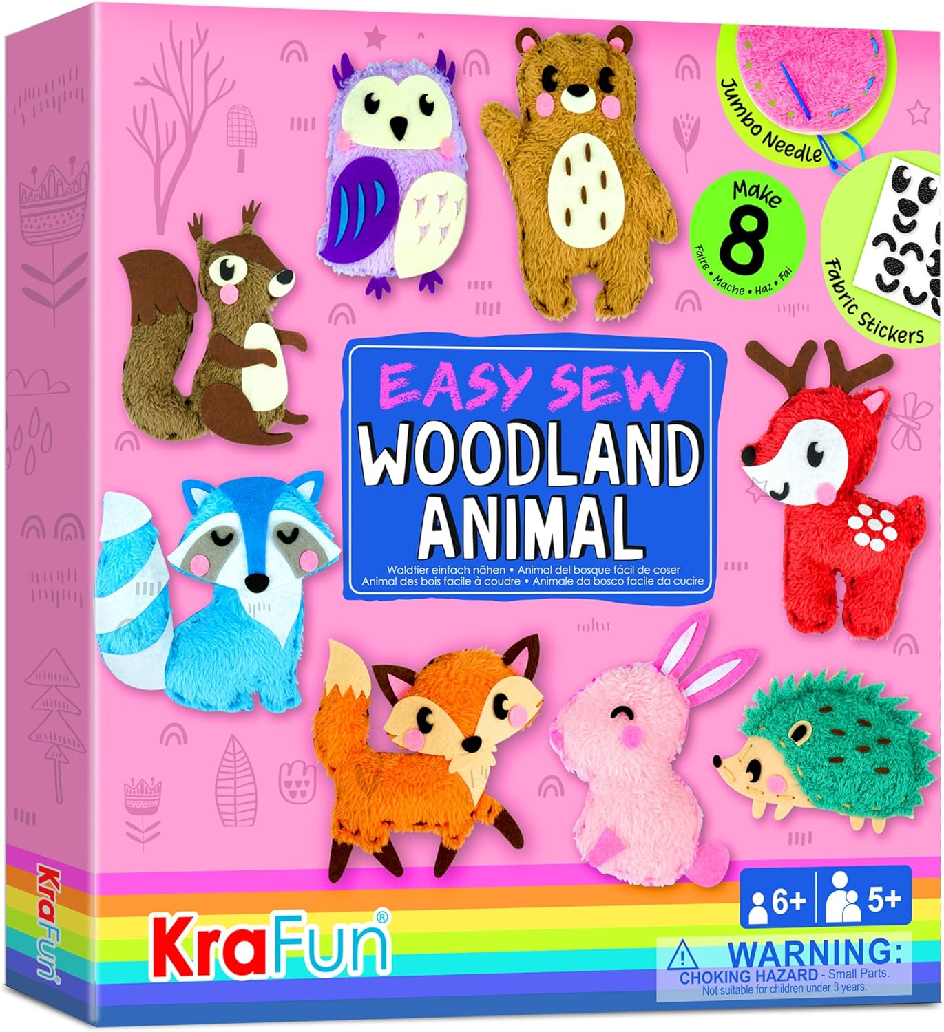 KRAFUN Woodland Animals Sewing Kit for Kids 5+ Years, 8 DIY Stuffed Dolls (Bear, Bunny, Fox, Owl, Deer), Felt, Instructions, Educational Craft Toy image number 1