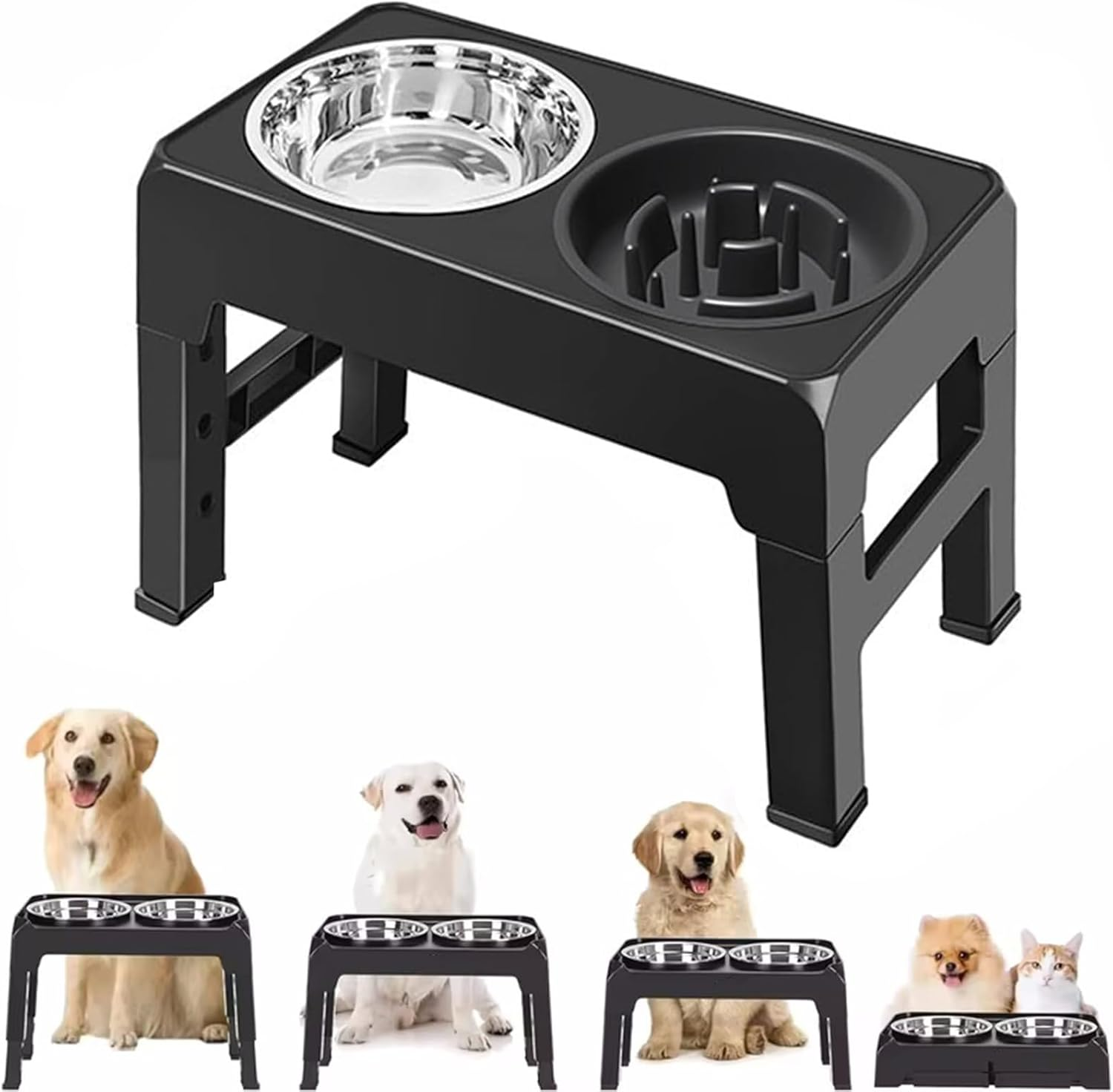 Raised Dog Bowls Metal Raised Dog Bowls with Adjustable Stand, 2 Stainless Steel Bowls, 1 Slow Feeder Bowl for Medium Large Dogs image number 4