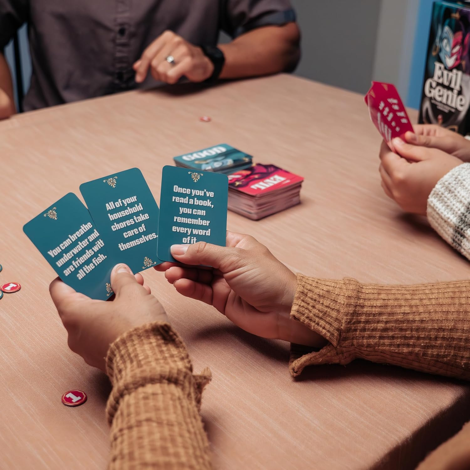 Evil Genie, the Party Game Where Players Combine Good Cards with Evil Cards to Grant One Messed up Wish, Then Guess If the Wish Will Be Taken to Score Points and Win the Game, 2 &ndash; 8 Players​ Ages 8+ image number 5