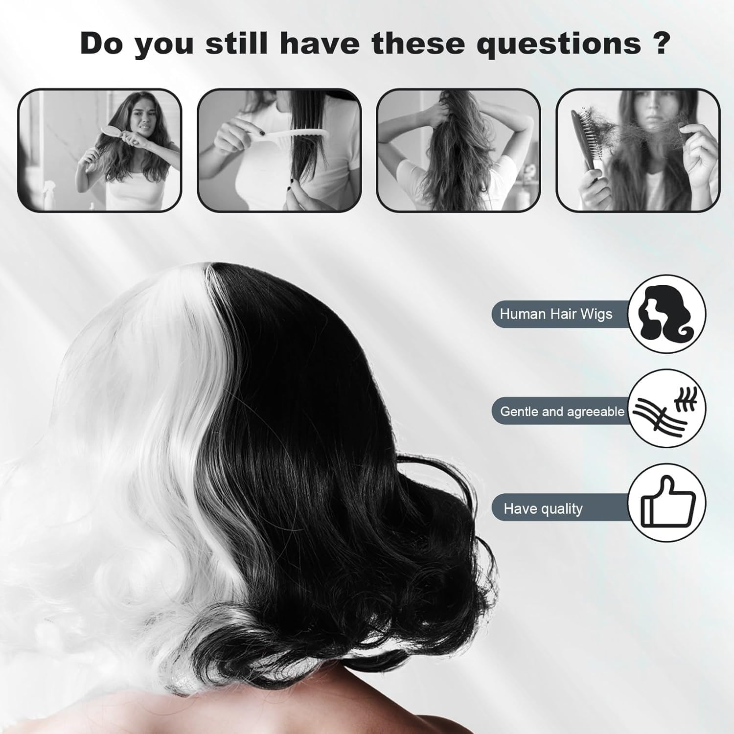 Short Black and White Wig Wavy Half Black and Half White Heat Resistant Women Wig Hair Wig for Daily Costume Cosplay Halloween Party image number 3