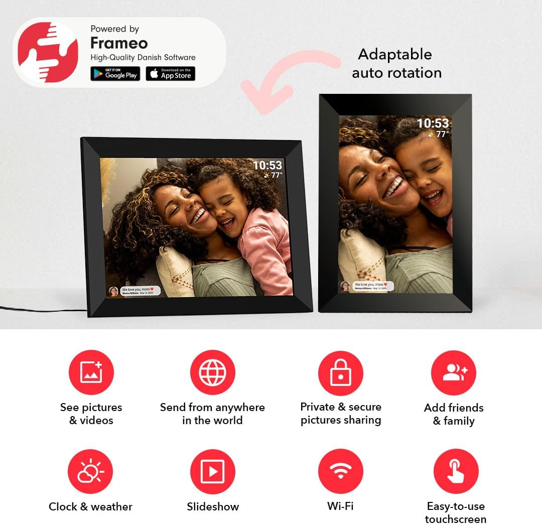 FRAMEO 10.1In Smart Wi-Fi Digital Photo Frame - 1280X800 IPS HD Touchscreen, 32GB Storage, Auto-Rotate Wall Mountable Micro SD, Easy Share Photos or Videos via Frameo App from Anywhere
