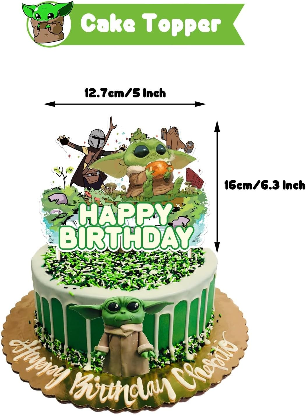 YUANHUISHENG Baby Yoda Birthday Party Decorations - 1 Banner, 18 Balloons, 1 Big Cake Topper, 12 Cake Toppers, 6 Hanging Swirls