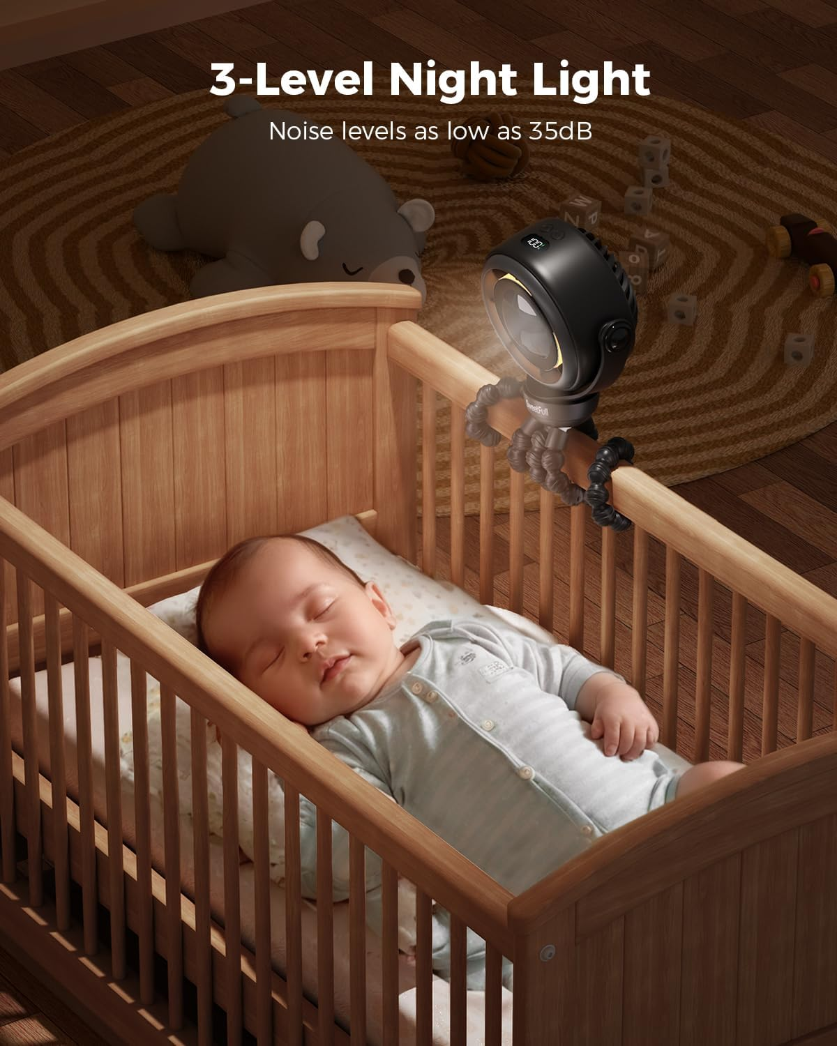 SWEETFULL Portable Pram Fan, 4 Speed Baby Stroller Fan, 360&deg; Rotate Clip on Fan with LED Display & Night Light, 4000Mah Rechargeable Quiet Mini Safe Fan for Desk, Car Seat, Hand, Travel, Black image number 1