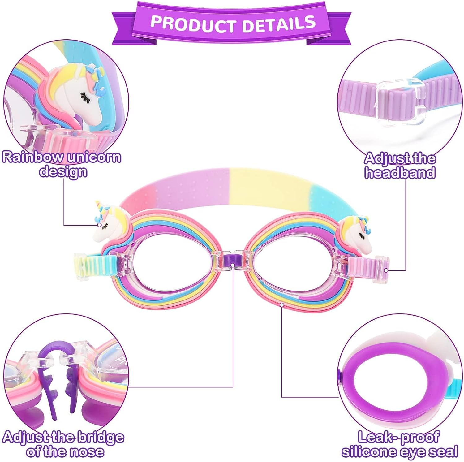 BLAZDEVE Unicorn Girl Swimming Goggles, anti Fog Leak Proof Child Swim Glasses, Waterproof Anti- UV Clear Vision Water Pool Goggles, Adjustable Straps Cute Goggles for 3-15 Years Old image number 3