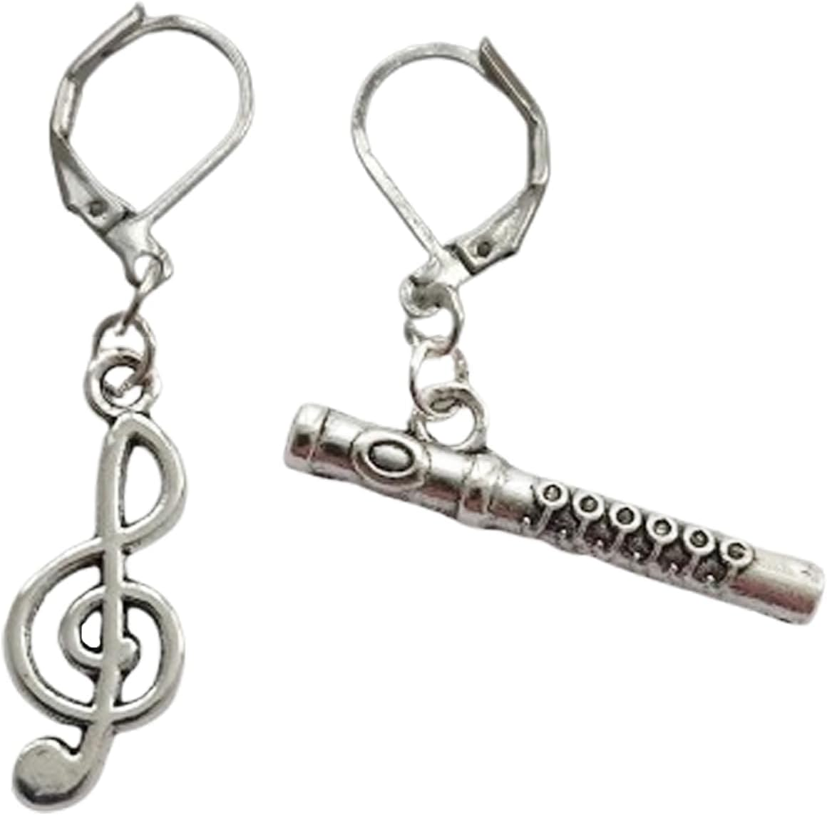 Musical Symbol Flute Mismatch Earrings, Musical Instrument Jewelry, Music Lover, Cool Music Note Lever Back Earrings image number 2