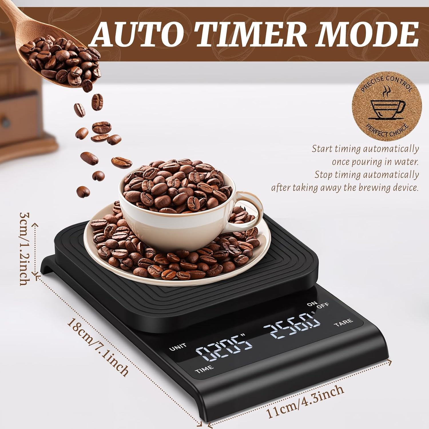 Coffee Scale with Timer - 3Kg/0.1G High Precision Small Kitchen Scales for Espresso and Pour over Coffee, Rechargeable Digital Food Scale with Auto Tare, Touch Sensor and Silicone Cover, Black image number 5