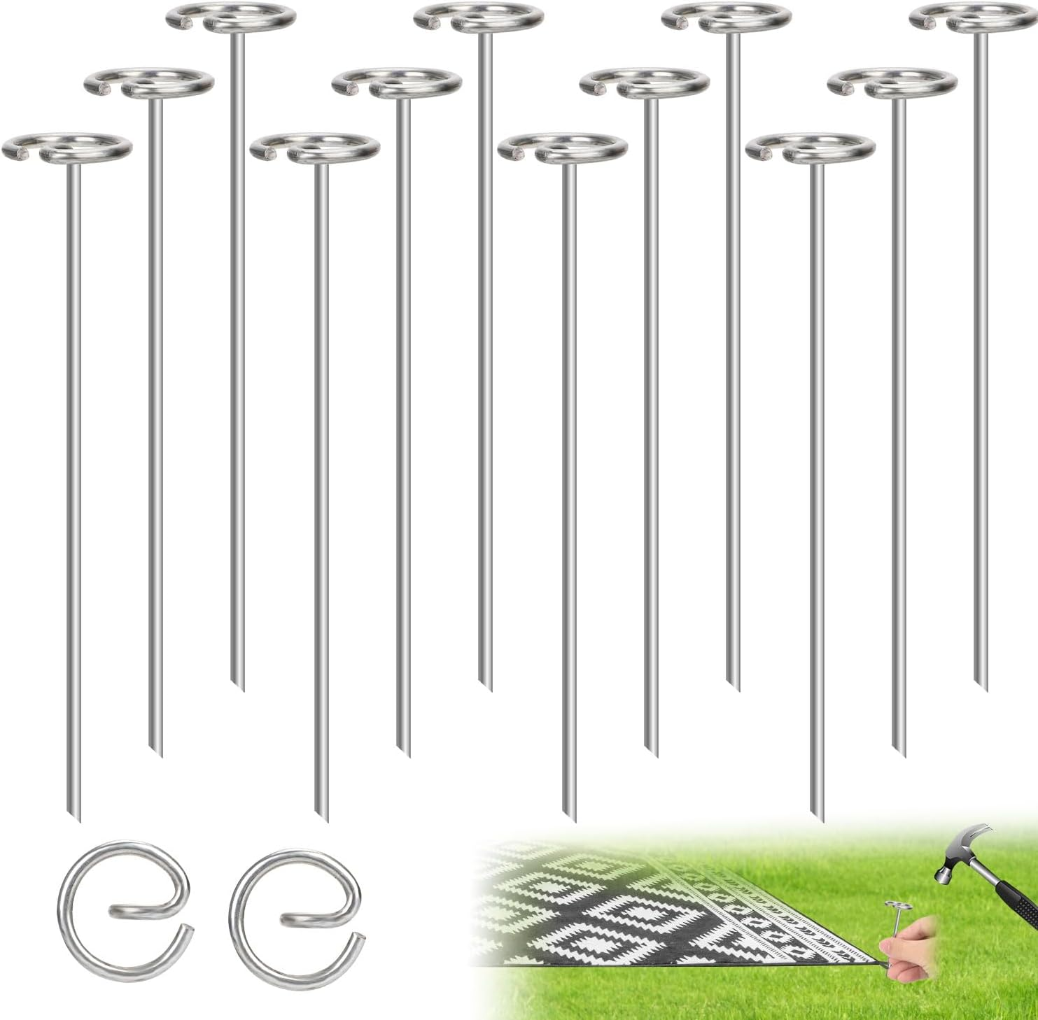 10Pcs Outdoor Carpet Metal Stakes, Stainless Steel Patio Pegs Tool for Camping Rug Spike Ground Sheet Attachments Tarps Tents RV Accessories Camper Groundsheet Essentials image number 6