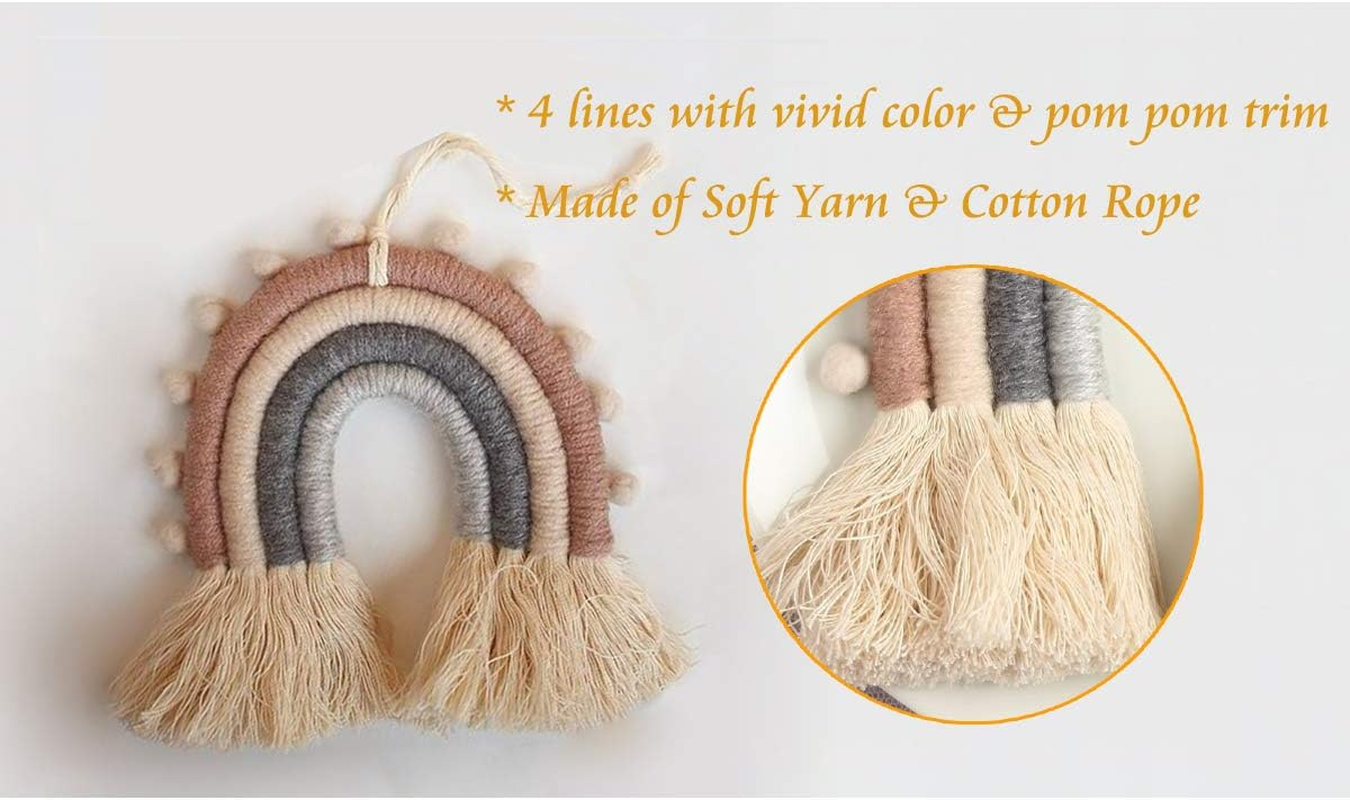 Rainbow Macrame Wall Hanging, Nursery & Home Wall Decor, Bohemian (Pom Pom Trim, 5X5.5X0.39In) image number 6