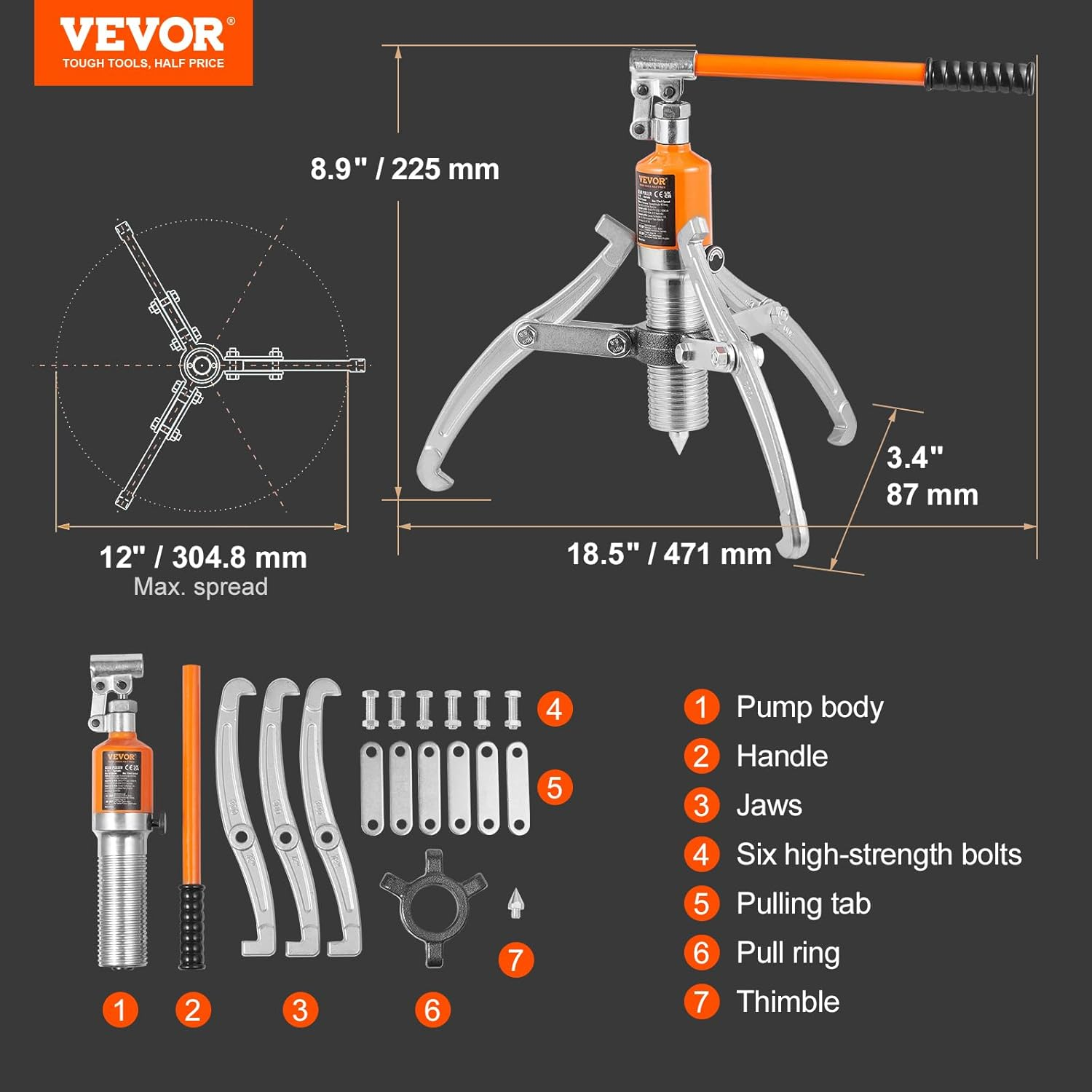 VEVOR Hydraulic Gear Puller, 15 Ton Max Capacity Wheel Bearing Pulling Separator, 2 or 3 Jaws Puller, Vertically and Horizontally, 12" Jaw Hydraulic Puller with Case for Pulling Hubs image number 6