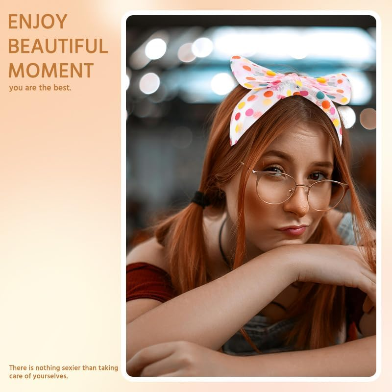 Rainbow Polka Dot Headband for Women Big White Knotted Bow Headbands with Polka Dots Headwrap Headwear Cute Hair Accessories for Girls Nonslip Wide Hairbands image number 1