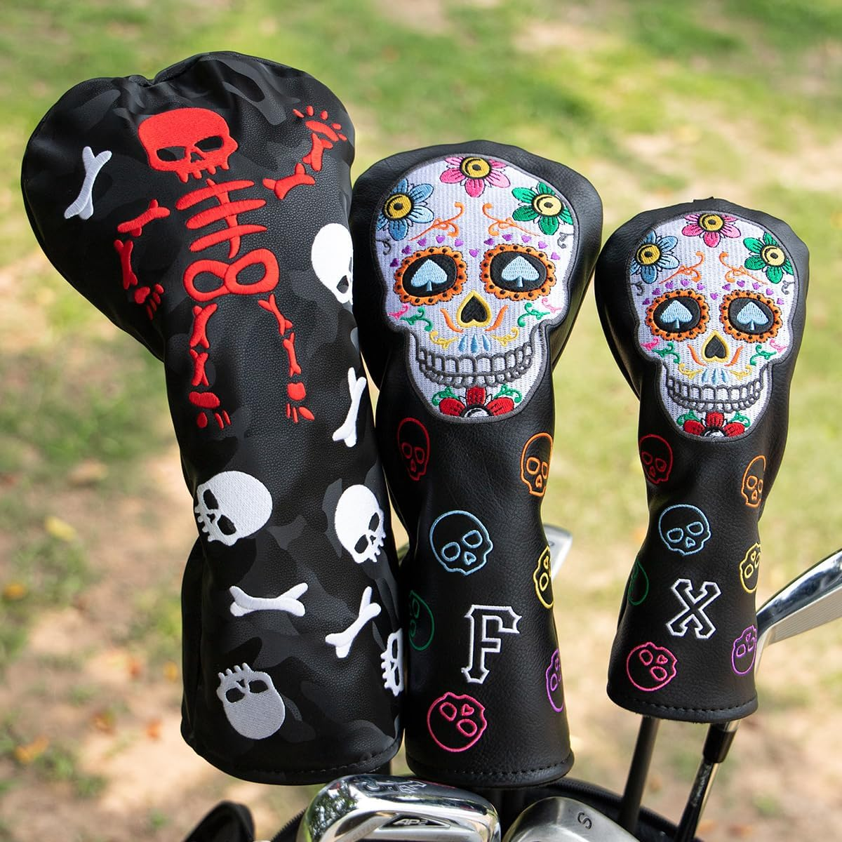 Montela Golf Club Covers,Colorful Skeleton Putter Cover Driver Covers Fairway Wood Headcover Hybrid Cover Leather Blade Putter Headcover Mallet for Brand image number 2