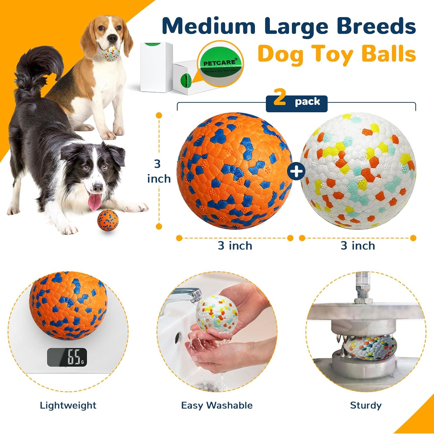 Petcare 2 Pack Dog Balls Toys for Aggressive Chewers Indestructible Tennis Balls for Medium Large Dogs Water Toy Chew Balls Tough Durable Big Dog Toys Bouncing Ball for Dogs to Fetch, Orange+White image number 1