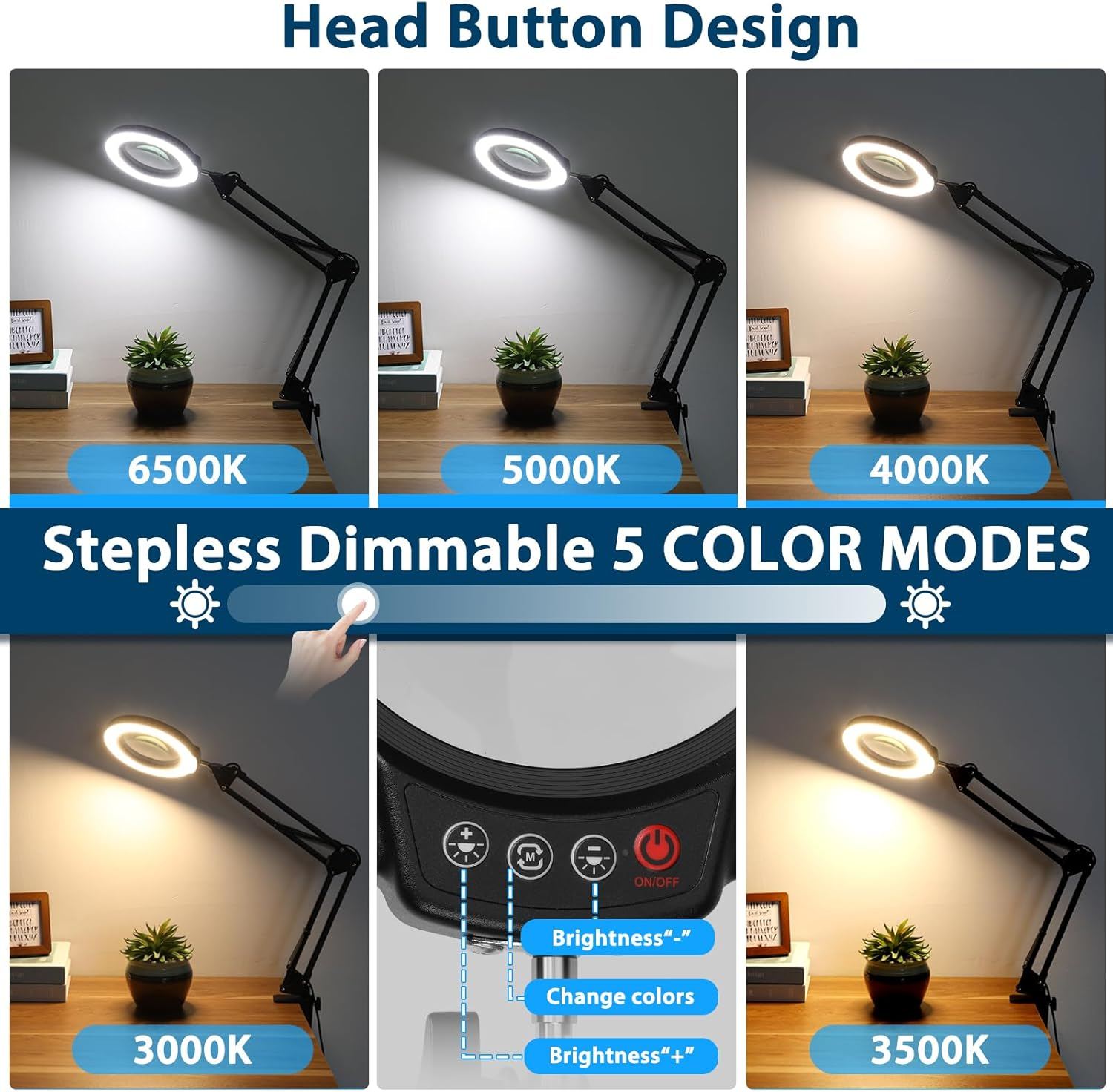 10X Magnifying Glass with Light and Clamp, 5 Color Modes Stepless Dimmable Real Glass Lighted Magnifier, Hands Free LED Magnifying Desk Lamp for Painting Craft Close Work Reading Repairing image number 5