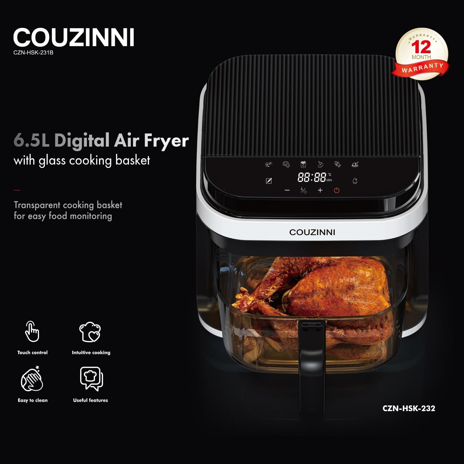 Couzinni 6.5L Digital Glass Air Fryer, 8In1 Cooker Pot for Quick Easy Oiless Meals, Fry, Roast, Bake, with Easy-View Window Cooking Basket, Mesh Tray and Heatproof Mat image number 3