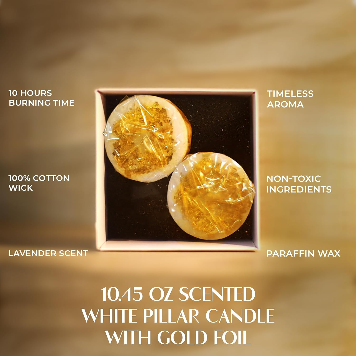 Apexor 2‑Pack Gold Foil Pillar Candles &ndash; Lavender Scented, Dripless White Candles for Home D&eacute;cor, Weddings & Gifts image number 2