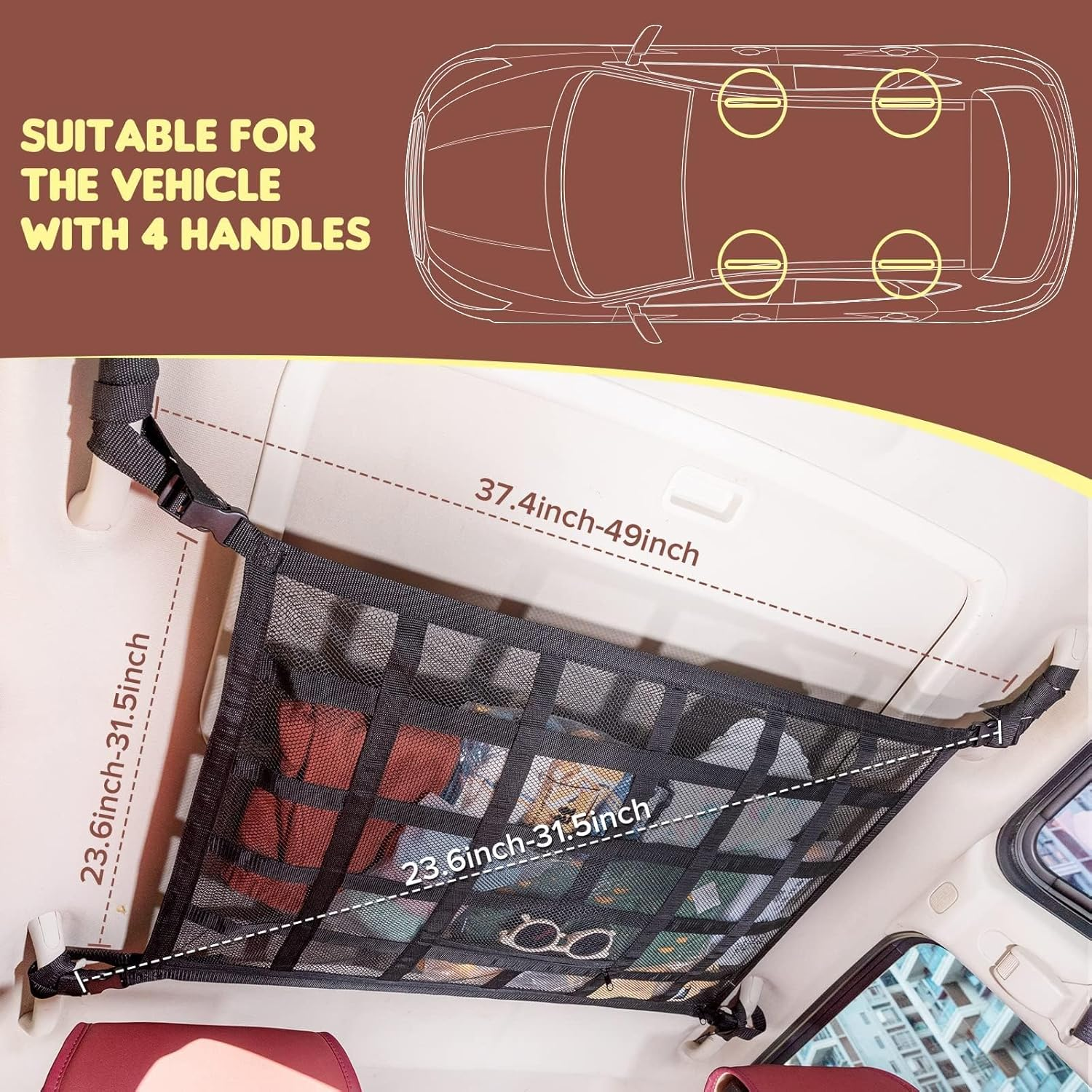 Car Ceiling Cargo Net Pocket, 21.6'' X 31.5'' Double Layer Mesh and Strengthen Load Bearing Car Roof Storage Organizer, for SUV, Trucks, Camping, Road Trip Essentials image number 4