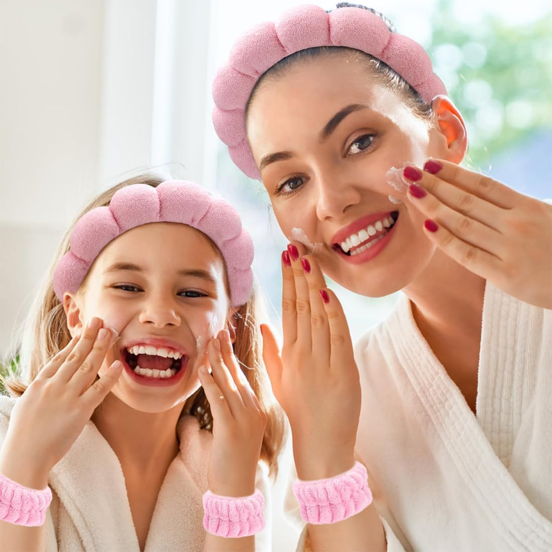 JRYXDS Spa Headband for Washing Face Wristband Set Soft Sponge Skin Care Headband Hair Accessories for Washing Face Make up Remover Shower Skin Care (Pink) image number 5