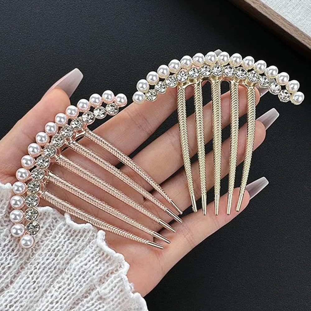 TSUOUKL Pack of 2 Vintage Bridal Hair Combs with Pearls and Crystals - Silver Comb for Weddings, Chignon and Everyday Use (Hair Accessory Set Women) image number 2
