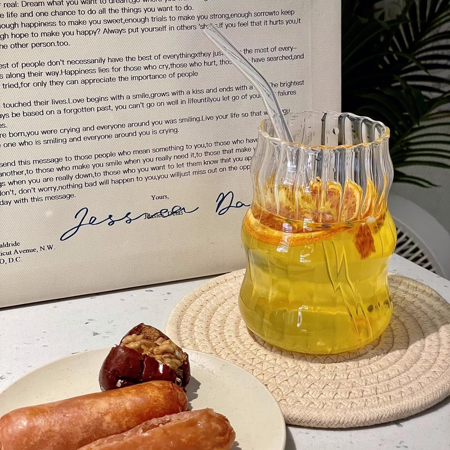 Vintage Ribbed Glass Drinking Cups, Wave Design, 530ML Capacity, 2 Pack Set for Coffee, Tea, Juice, Cocktails, Clear Glass with Curved Shape, 12.5Cm Height image number 6