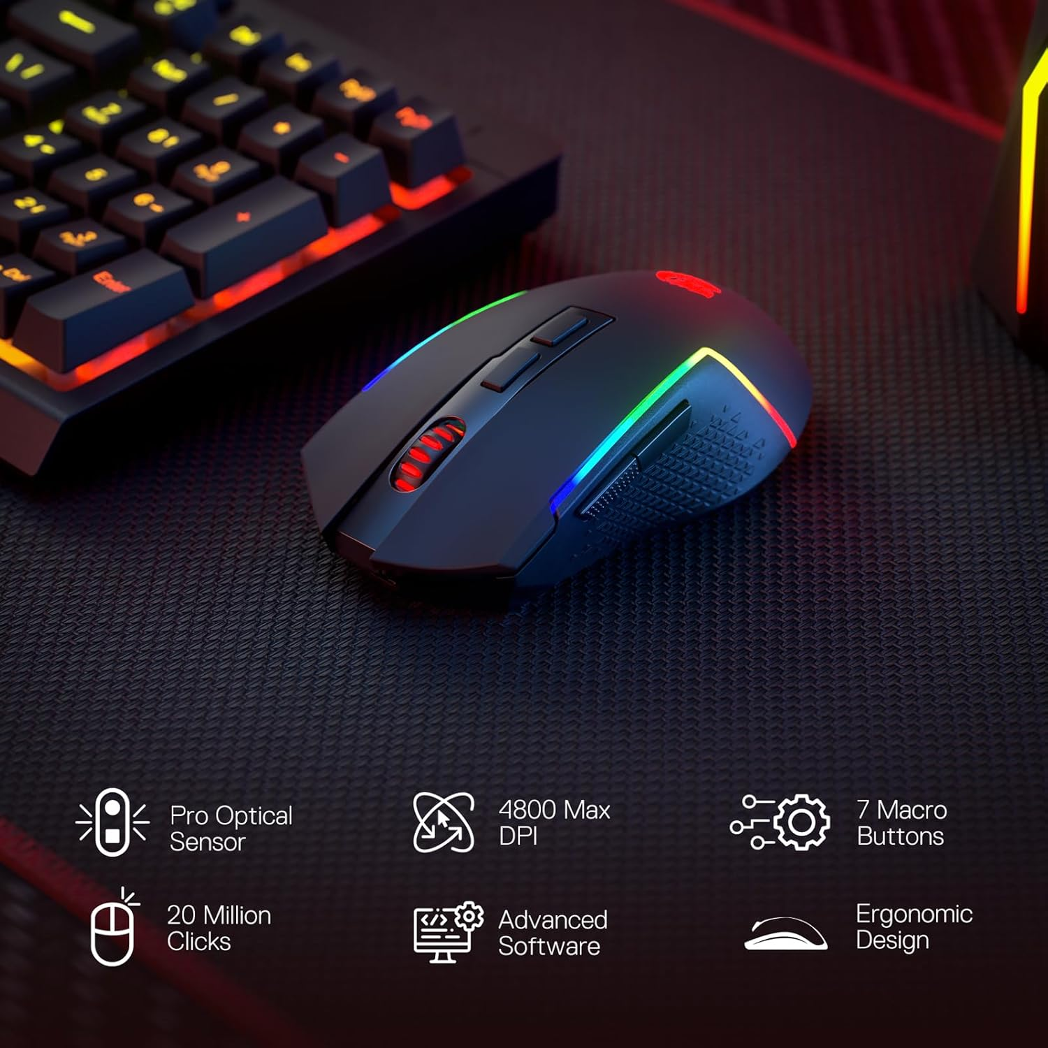 Redragon S142 Wireless Gaming Keyboard & Mouse Combo, 98 Keys K515 PRO Wireless RGB Membrane Keyboard and 4800 DPI Wireless 2.4Ghz Gaming Mouse Bundle, Convenient Shared Dongle