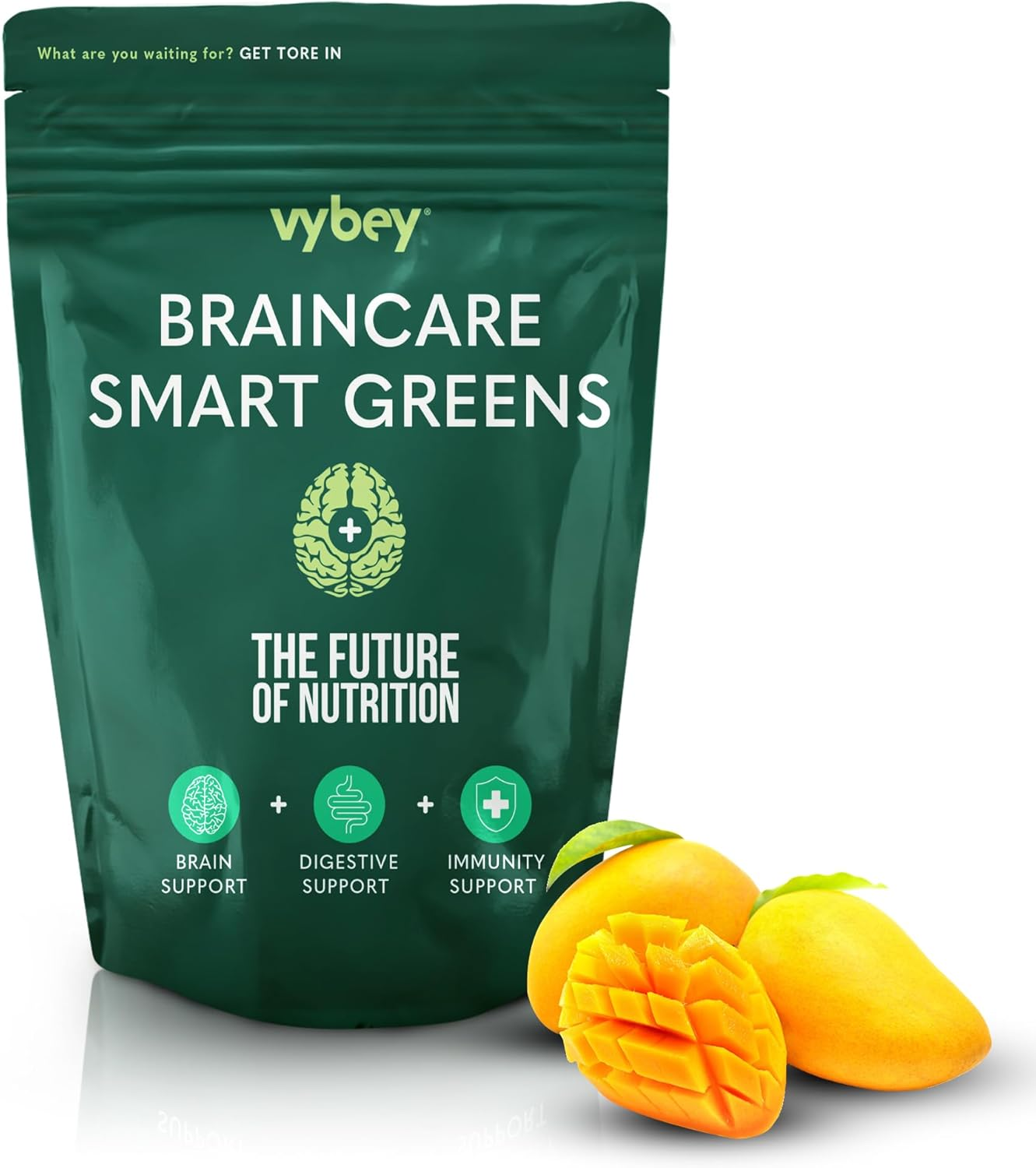 Vybey&reg; Braincare Smart Greens | 54 Nutrient-Rich Formula | Superfoods + Nootropics & Adaptogens | Vegan & Gluten-Free | Mango | Reduces Bloating & Relieves Stress | 180G Pouch (15 Servings) image number 3
