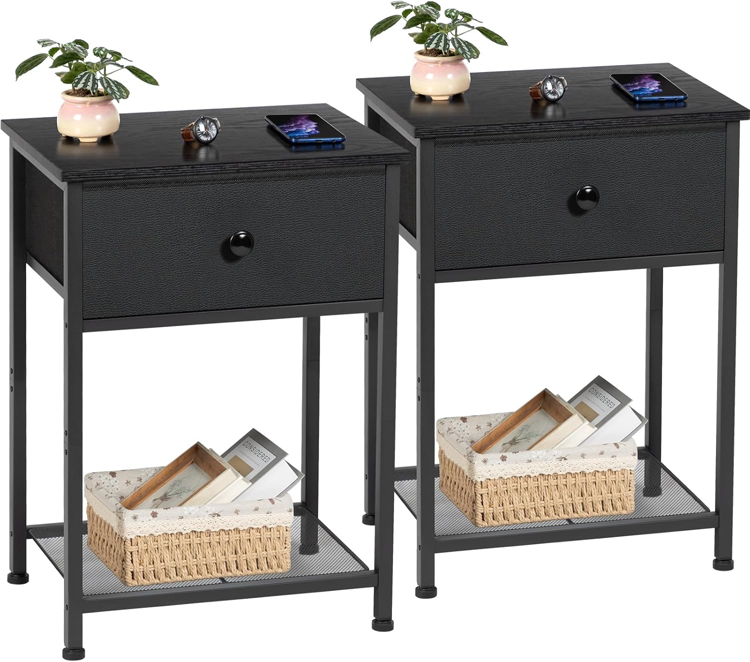 AMHANCIBLE Night Stand Set 2, Nightstand with Fabric Drawer, Industrial End Tables Living Room with Storage Shelf, Slim Bedside Table for Bedroom, Small Spaces, Rusic Brown, HET03SDDG