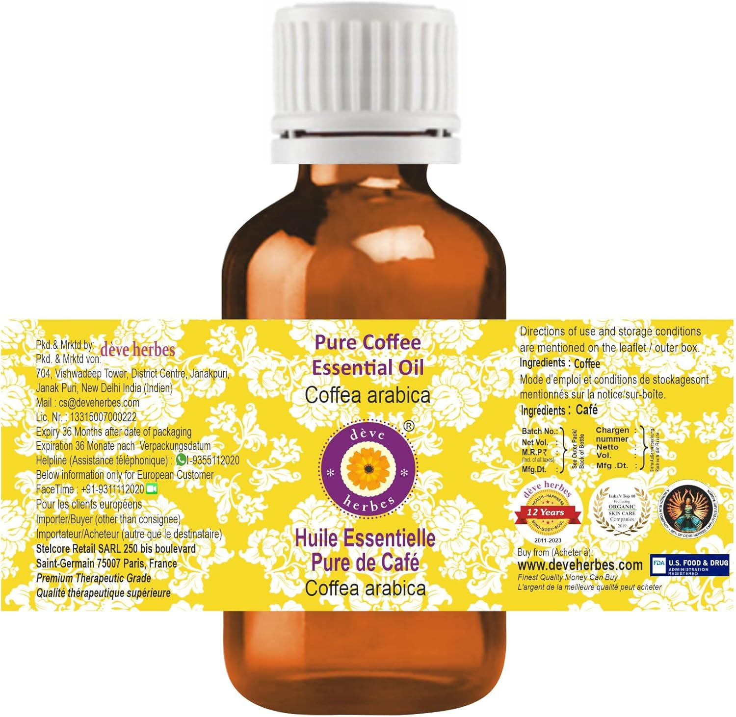 Deve Herbes Pure Coffee Essential Oil (Coffea Arabica) Natural Therapeutic Grade Steam Distilled (Pack of Two) 100Ml X 2 (6.76 Oz) image number 4