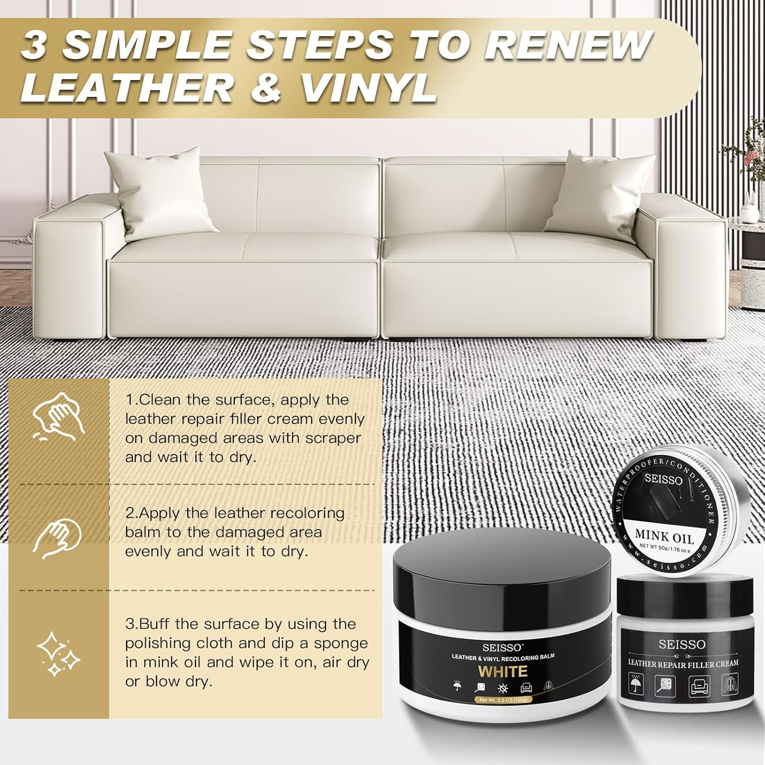 SEISSO Light White Leather Repair Kit for Furniture, Leather Recoloring Balm, Vinyl Repair Kit with Mink Oil Car Interior for Scratches, Shoes, Car Seat image number 1