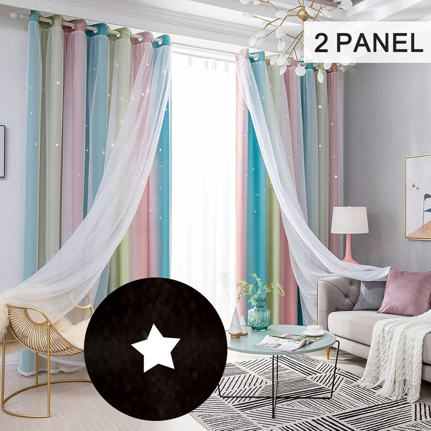Blackout Curtains for Bedroom, 2PCS Star Curtains Blackout High Precision Curtains for Kids Girls Bedroom Living Room Colorful Double Layer Star Window Curtains Pink134Cm X 160Cm image number 7