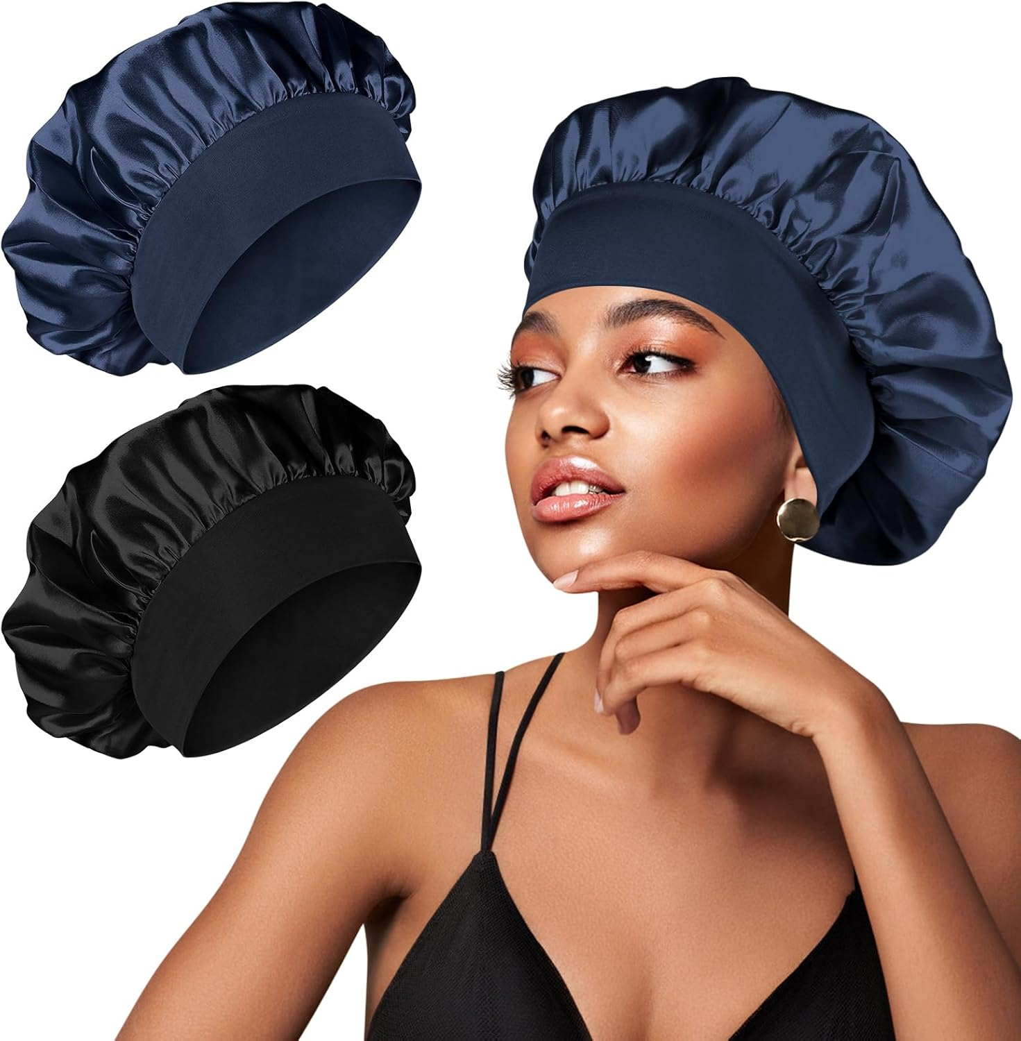 [2 Pcs]Satin Bonnet Silk Hair Bonnet with Wide Elastic Band, Hair Bonnet Silk Hair Wrap for Sleeping, Soft Head Cover Sleeping Hat Night Sleep Cap for Women Men Curly Hair