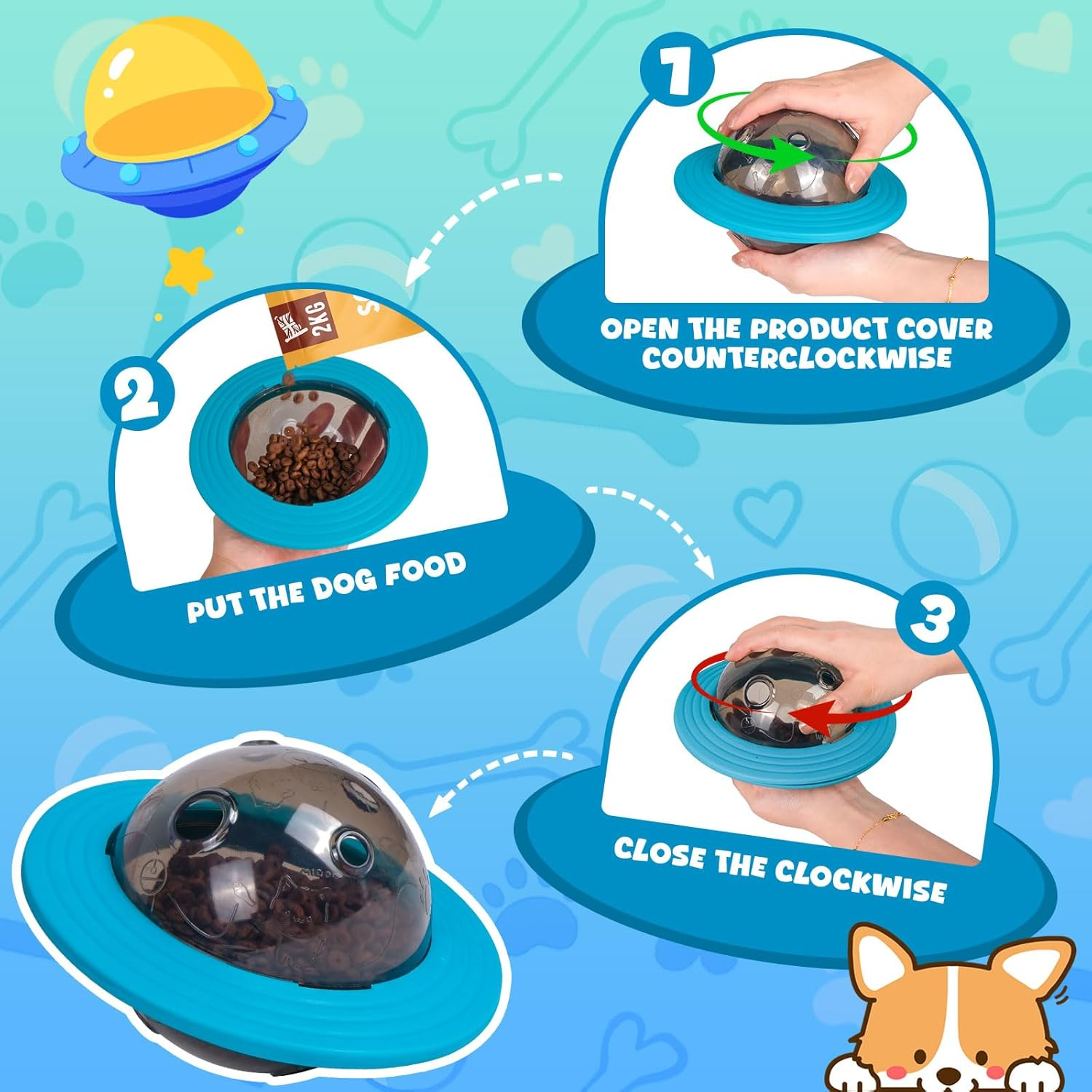 Interactive Dog Puzzle Toy, Ufo-Shaped Treat Dispenser Ball, Mental Stimulation and Training Toy for All Breeds (Blue)