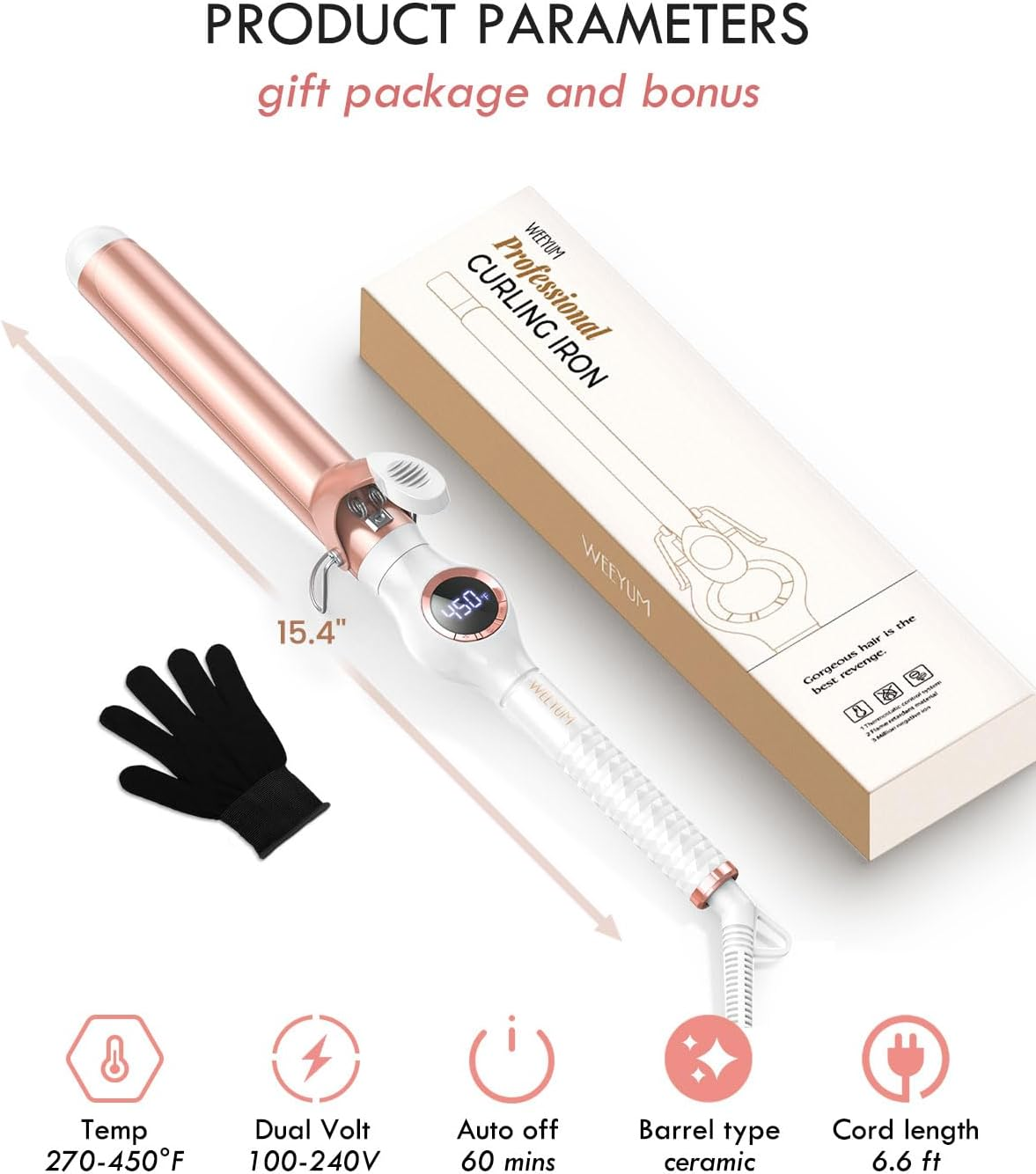 WEEYUM 1 1/4 Inch Curling Iron, Large Barrel Curling Wand for Hair, Ceramic Tourmaline Hair Curling Iron Double Voltage(100-240V) image number 6