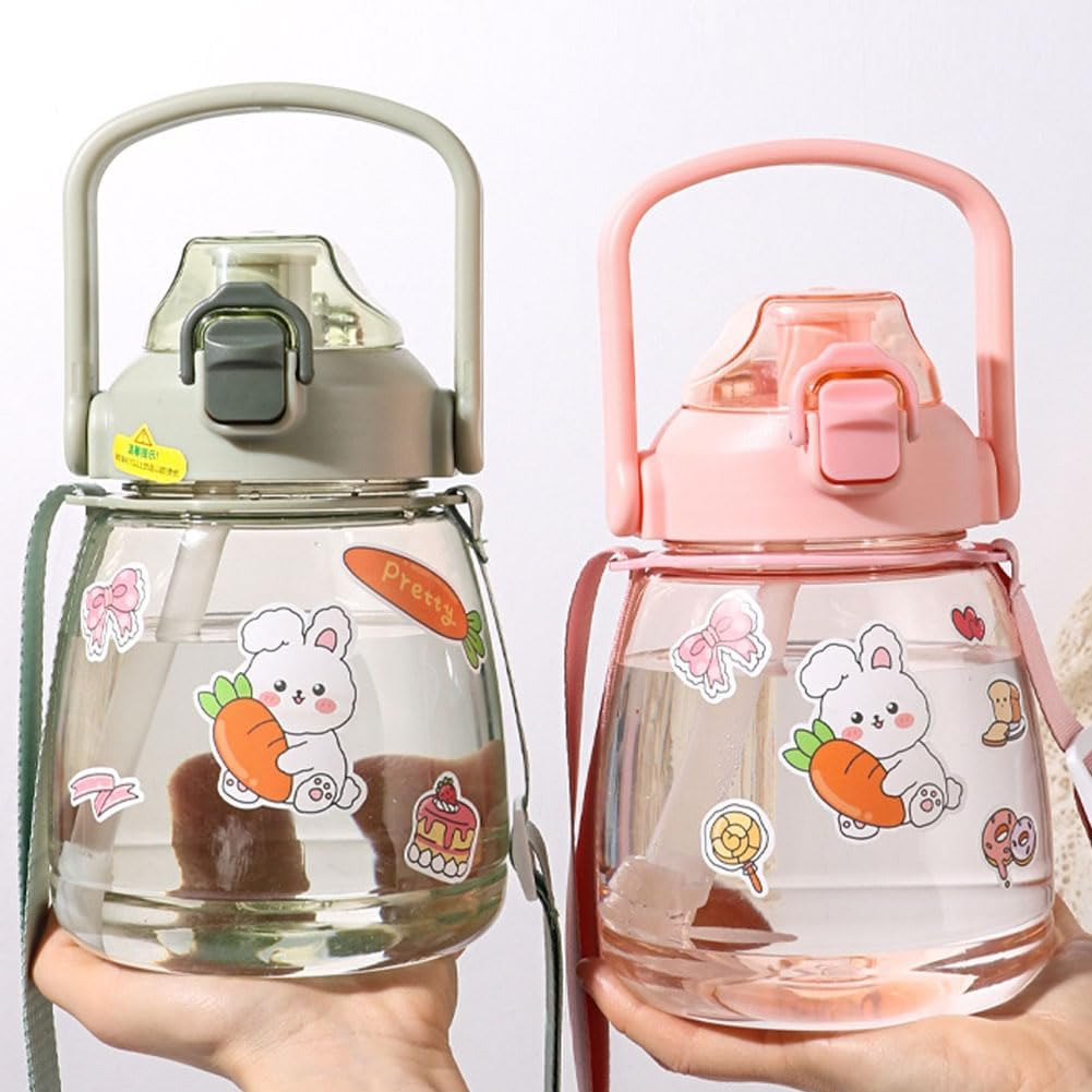 YOBOKO 1.1L Large Water Bottle Lovely Wide Mouth Drink Bottle with Handle Leak Proof Big Bottle with Straw and Adjustable Strap for Camping Cycling Gym Sports 1 PC (Purple) - Green image number 3