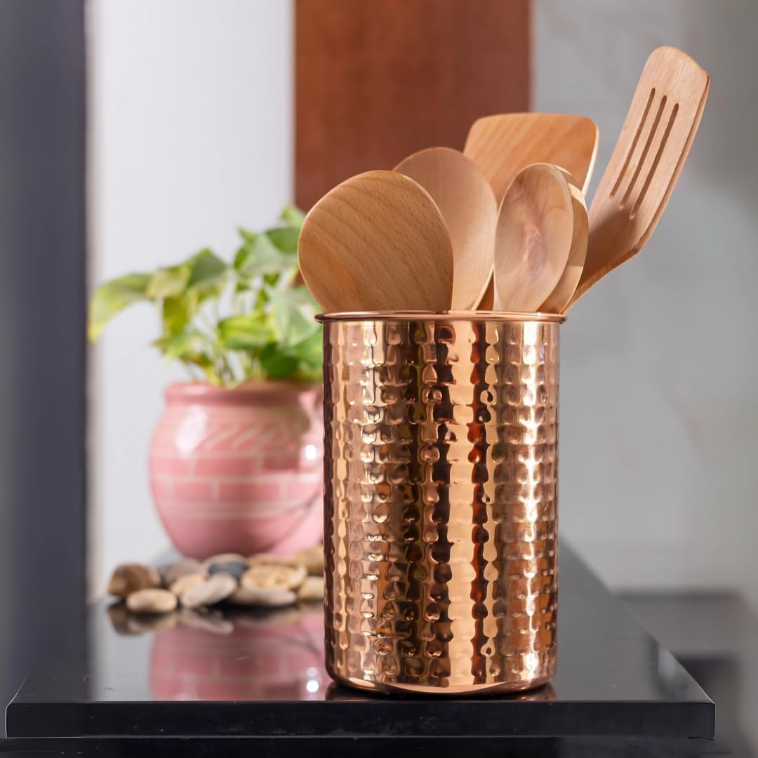 POSHGRAM Copper Utensil Holder - Premium Stainless Steel with Elegant Copper-Plated Finish, Spacious 5.5&rdquo; Diameter X 7.5&rdquo; Height Design, Sturdy Base, Ideal for Kitchen Accessories