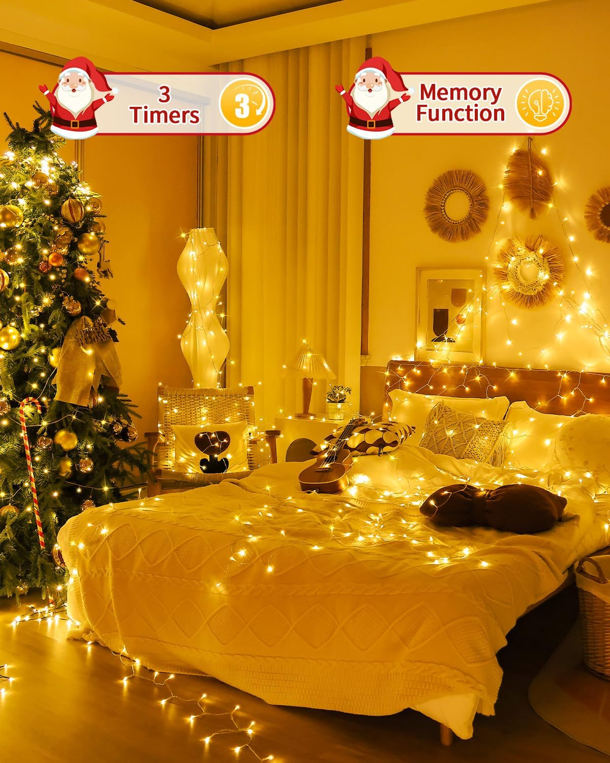 Christmas Lights String Outdoor Indoor, 200 LED 65.6FT Warm White Xmas Tree Decorations Lights, Plug in Twinkle Fairy Light with Remote Timer Dimmable for Room Yard Holiday Party Wedding Camping Decor image number 3