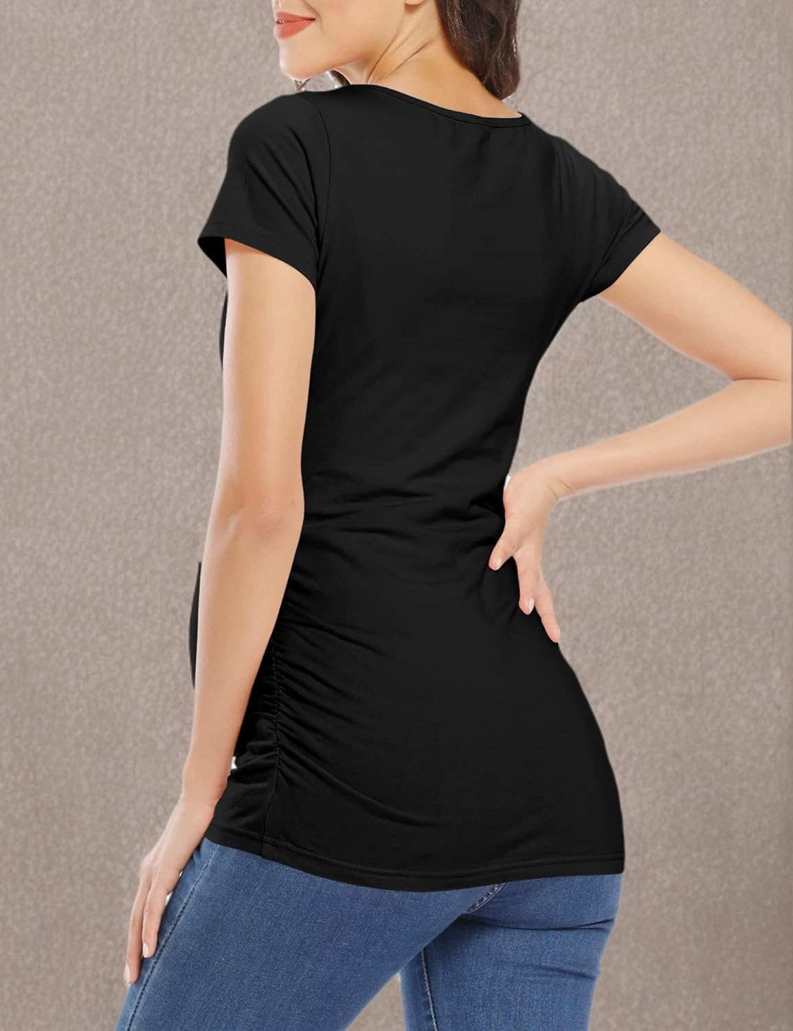 GLAMIX Women'S Maternity T-Shirt 3-Pack Long/Short Sleeve & Sleeveless Side Ruched Scoop Neck Basic Pregnancy Tops image number 3